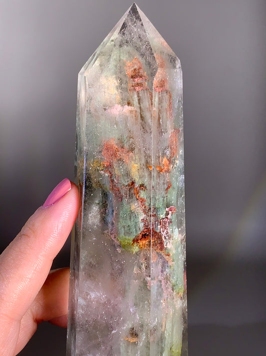 Large Green Amphibole Garden Quartz Tower from Zambia with Epidote & Tourmaline Inclusions