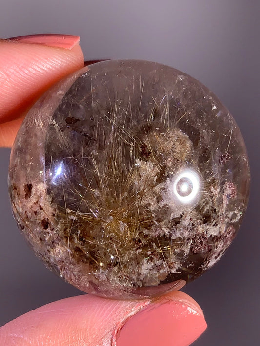 Starburst Rutile Quartz Sphere with Red & Pink Garden and Cubic Calcite Inclusions – Brazil