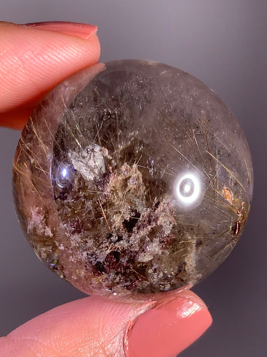 Starburst Rutile Quartz Sphere with Red & Pink Garden and Cubic Calcite Inclusions – Brazil