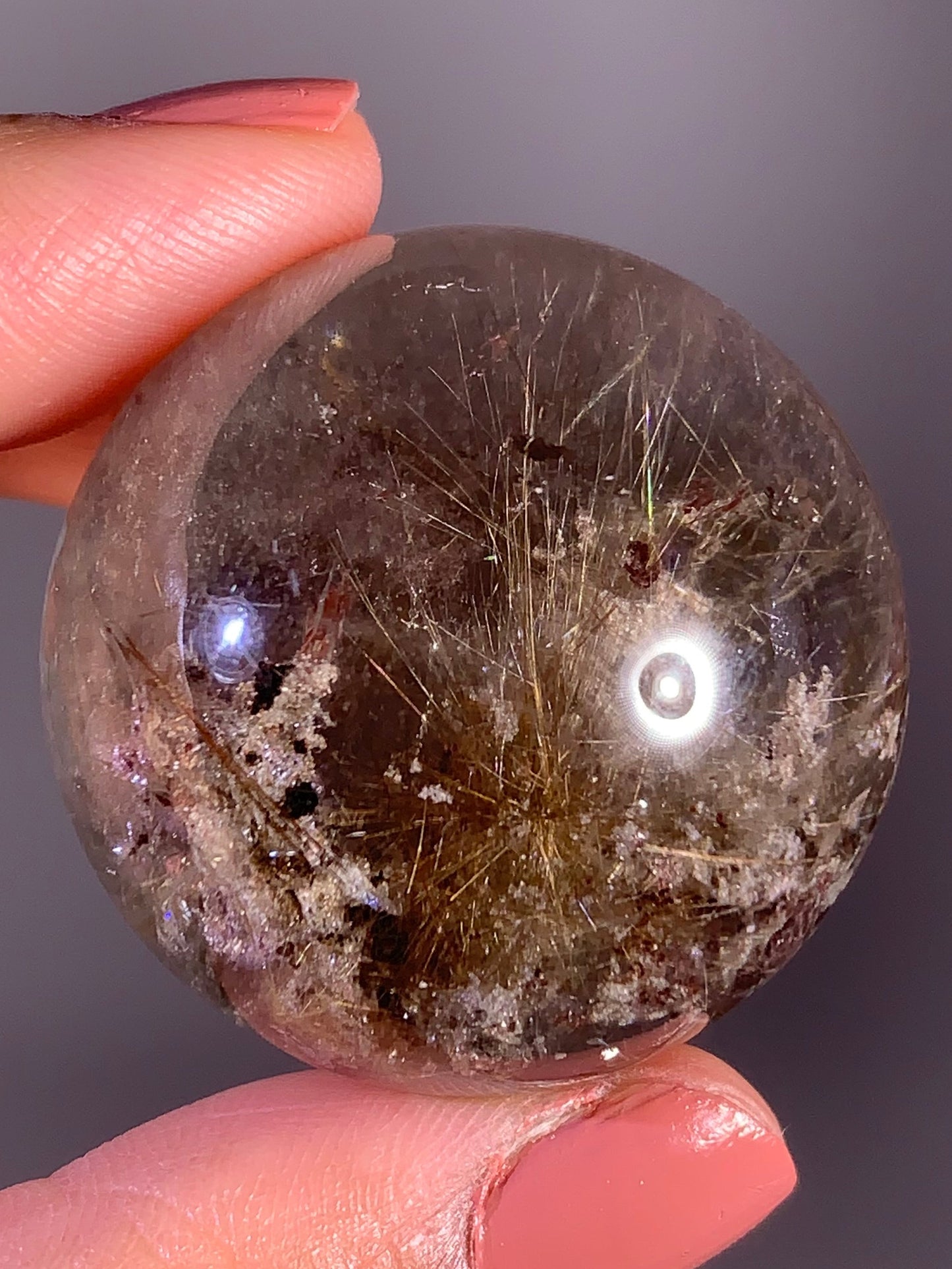 Starburst Rutile Quartz Sphere with Red & Pink Garden and Cubic Calcite Inclusions – Brazil