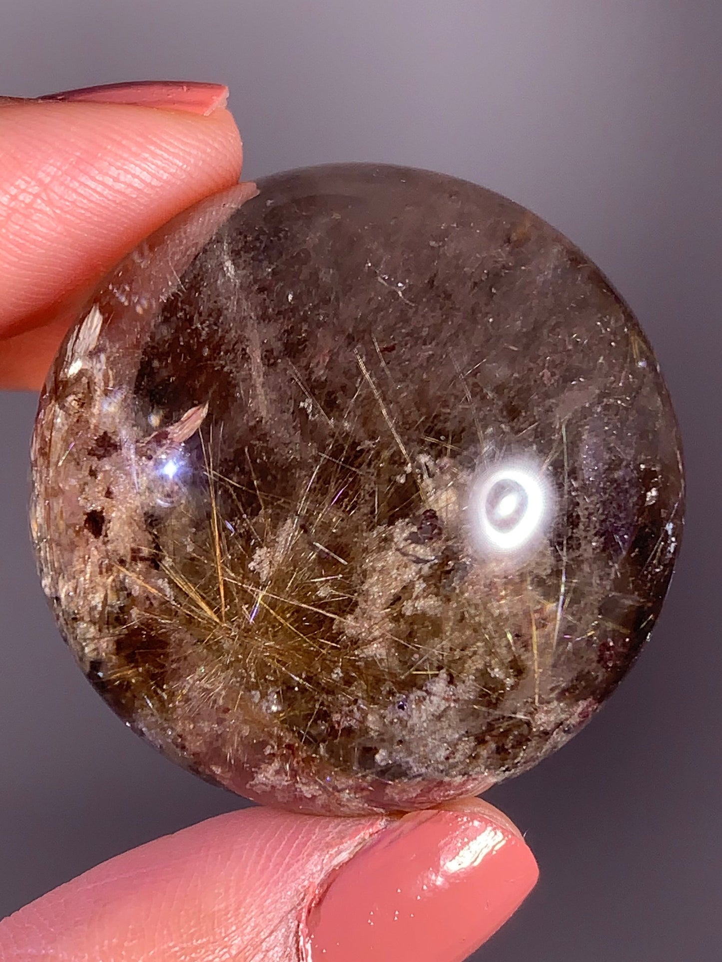 Starburst Rutile Quartz Sphere with Red & Pink Garden and Cubic Calcite Inclusions – Brazil