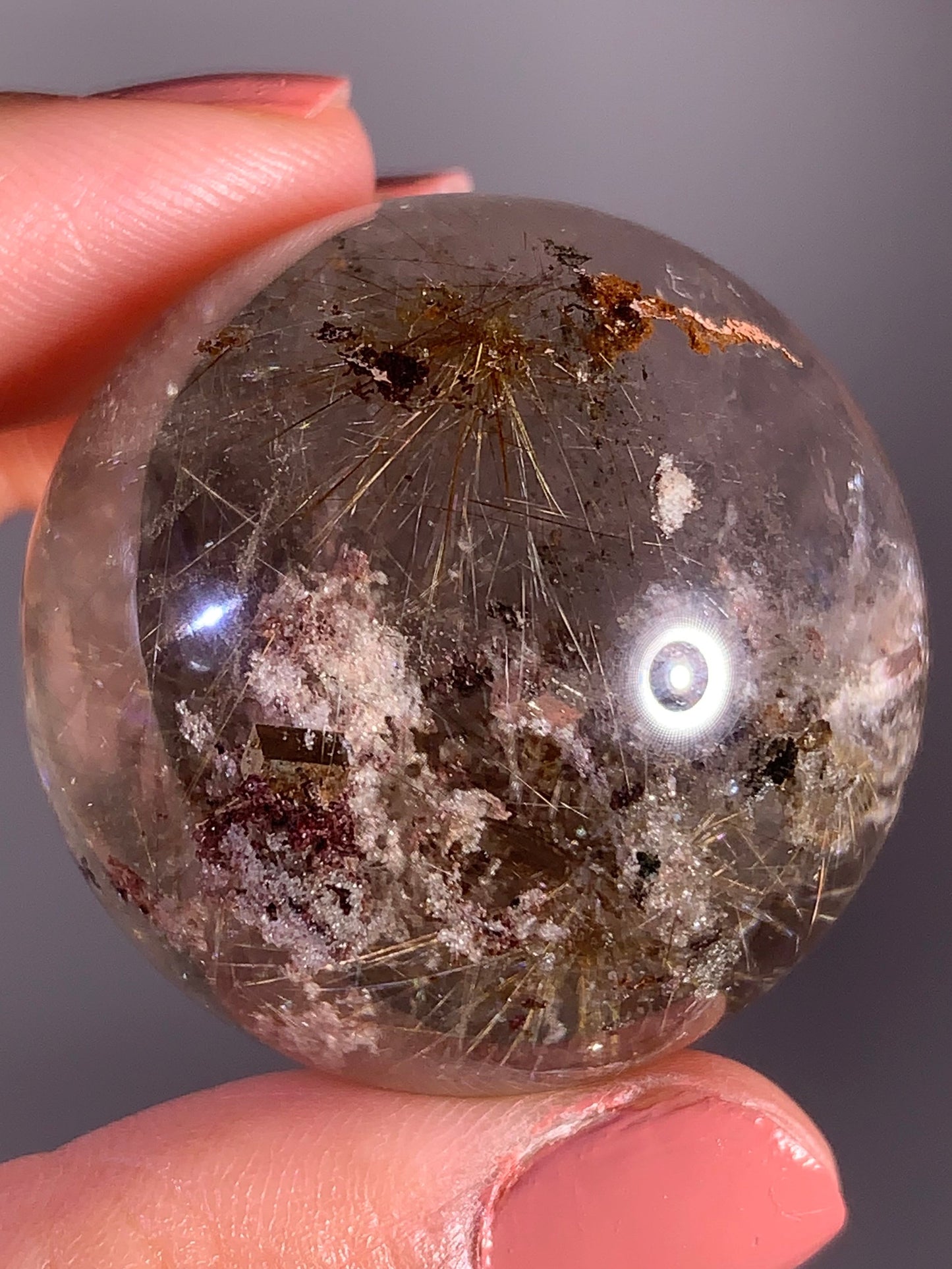 Starburst Rutile Quartz Sphere with Red & Pink Garden and Cubic Calcite Inclusions – Brazil