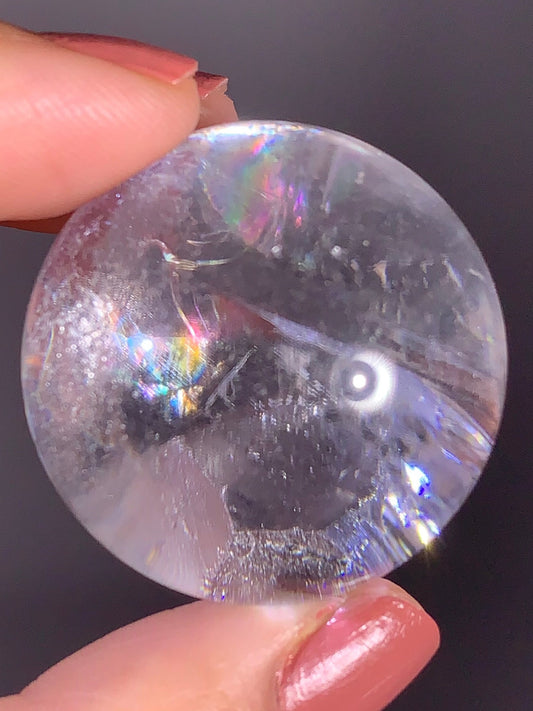 Clear Quartz Sphere with Green Garden Quartz Manifestation (Quartz in Quartz) & Rainbow Inclusions – Brazil
