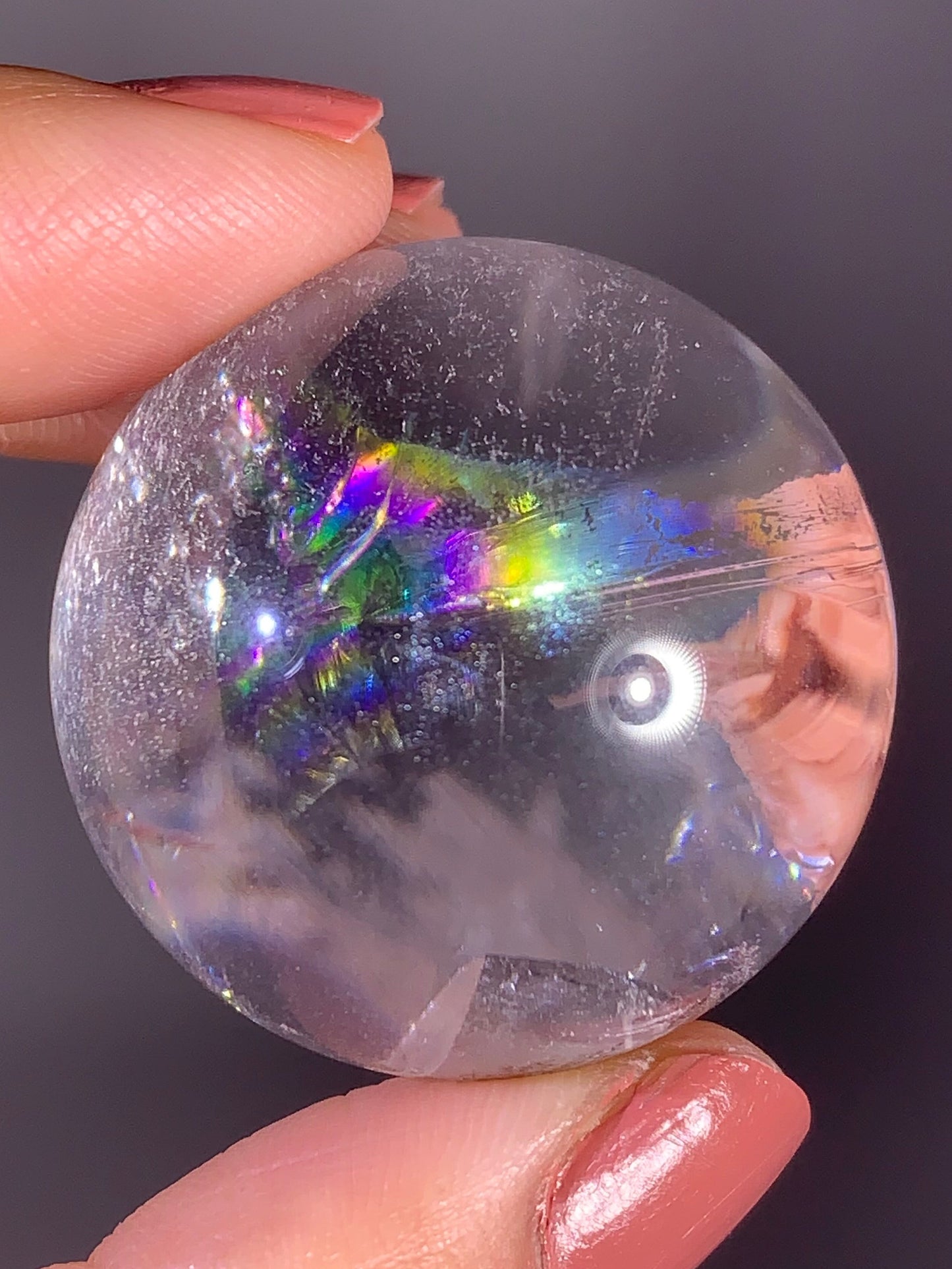 Clear Quartz Sphere with Green Garden Quartz Manifestation (Quartz in Quartz) & Rainbow Inclusions – Brazil
