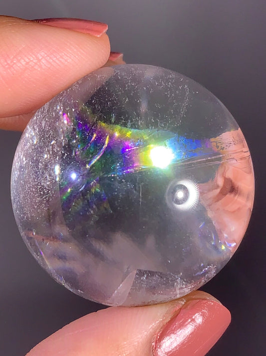 Clear Quartz Sphere with Green Garden Quartz Manifestation (Quartz in Quartz) & Rainbow Inclusions – Brazil