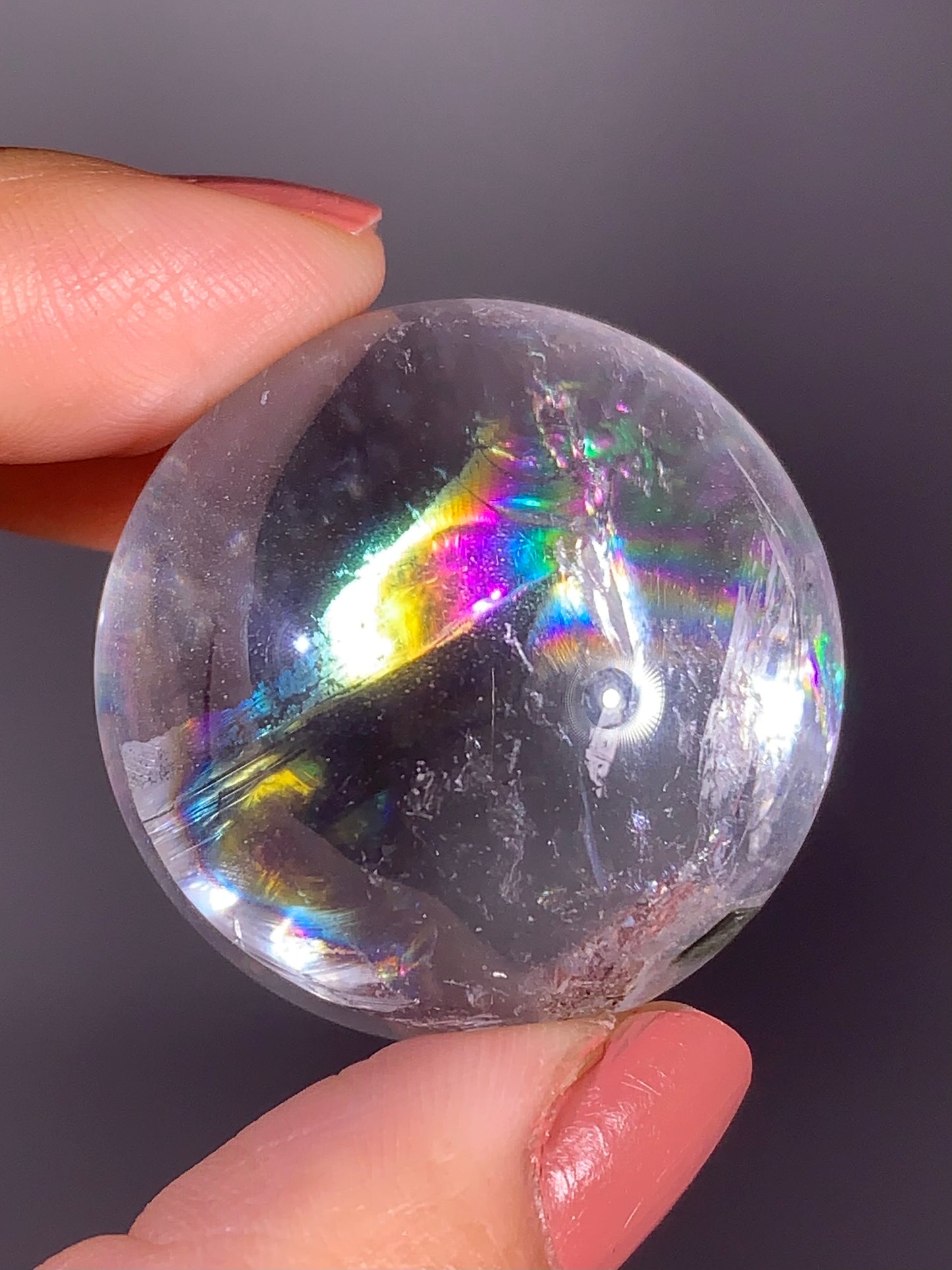 Clear Quartz Sphere with Green Garden Quartz Manifestation (Quartz in Quartz) & Rainbow Inclusions – Brazil