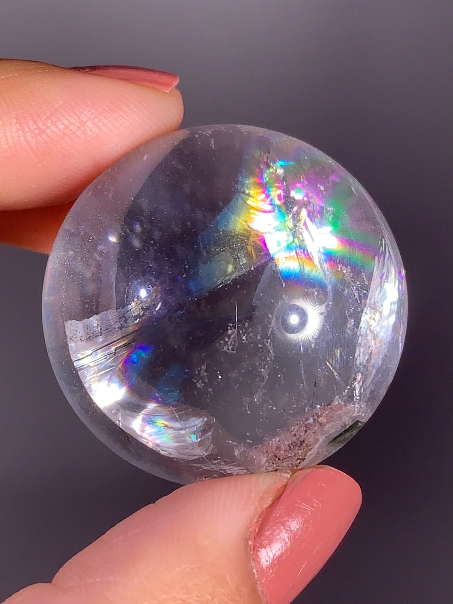 Clear Quartz Sphere with Green Garden Quartz Manifestation (Quartz in Quartz) & Rainbow Inclusions – Brazil