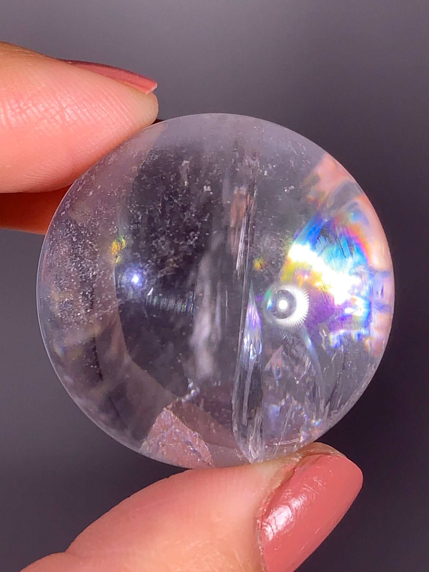 Clear Quartz Sphere with Green Garden Quartz Manifestation (Quartz in Quartz) & Rainbow Inclusions – Brazil