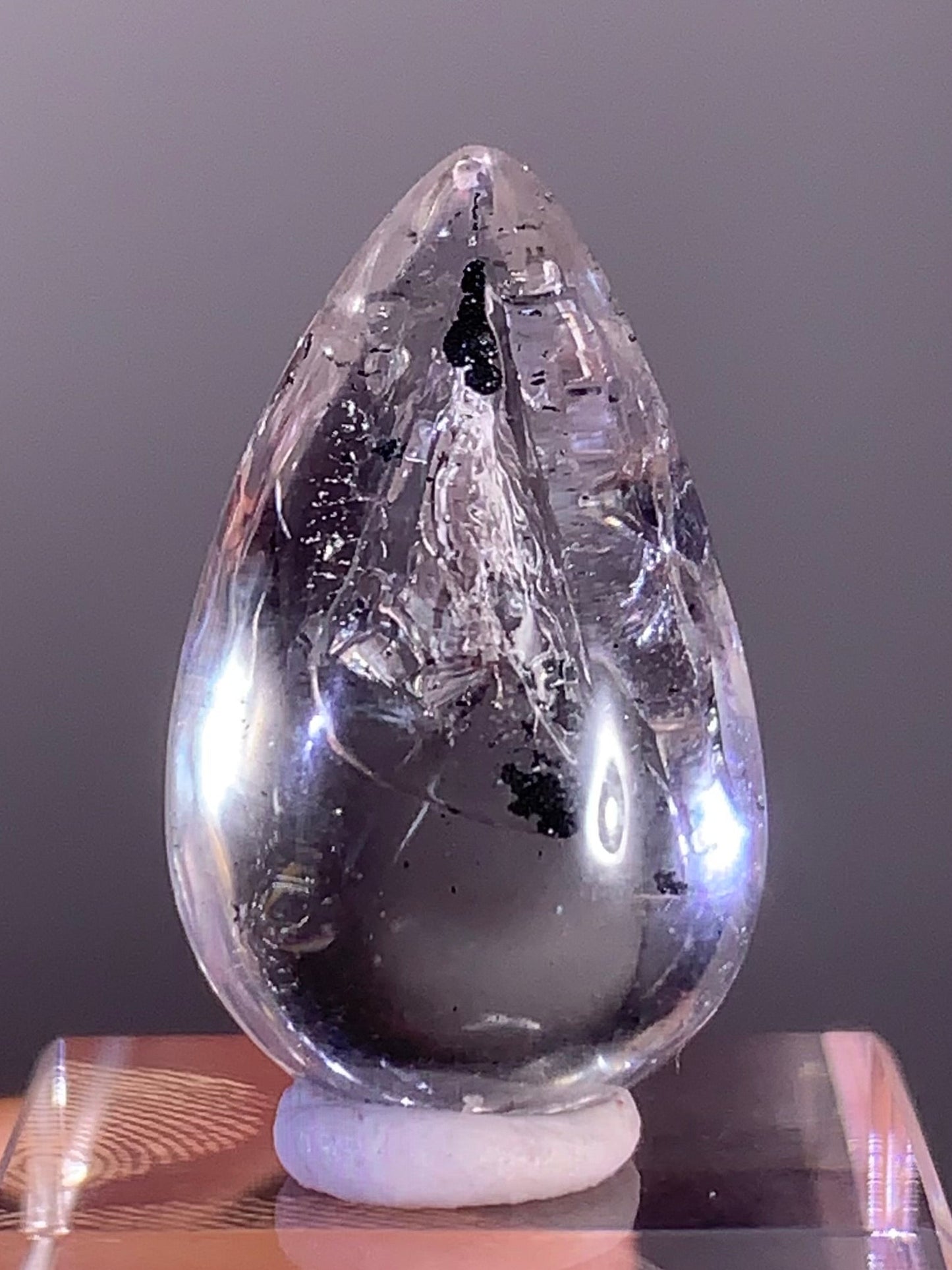 High-Grade Polished Enhydro Quartz Teardrop with Falling Carbon Sand