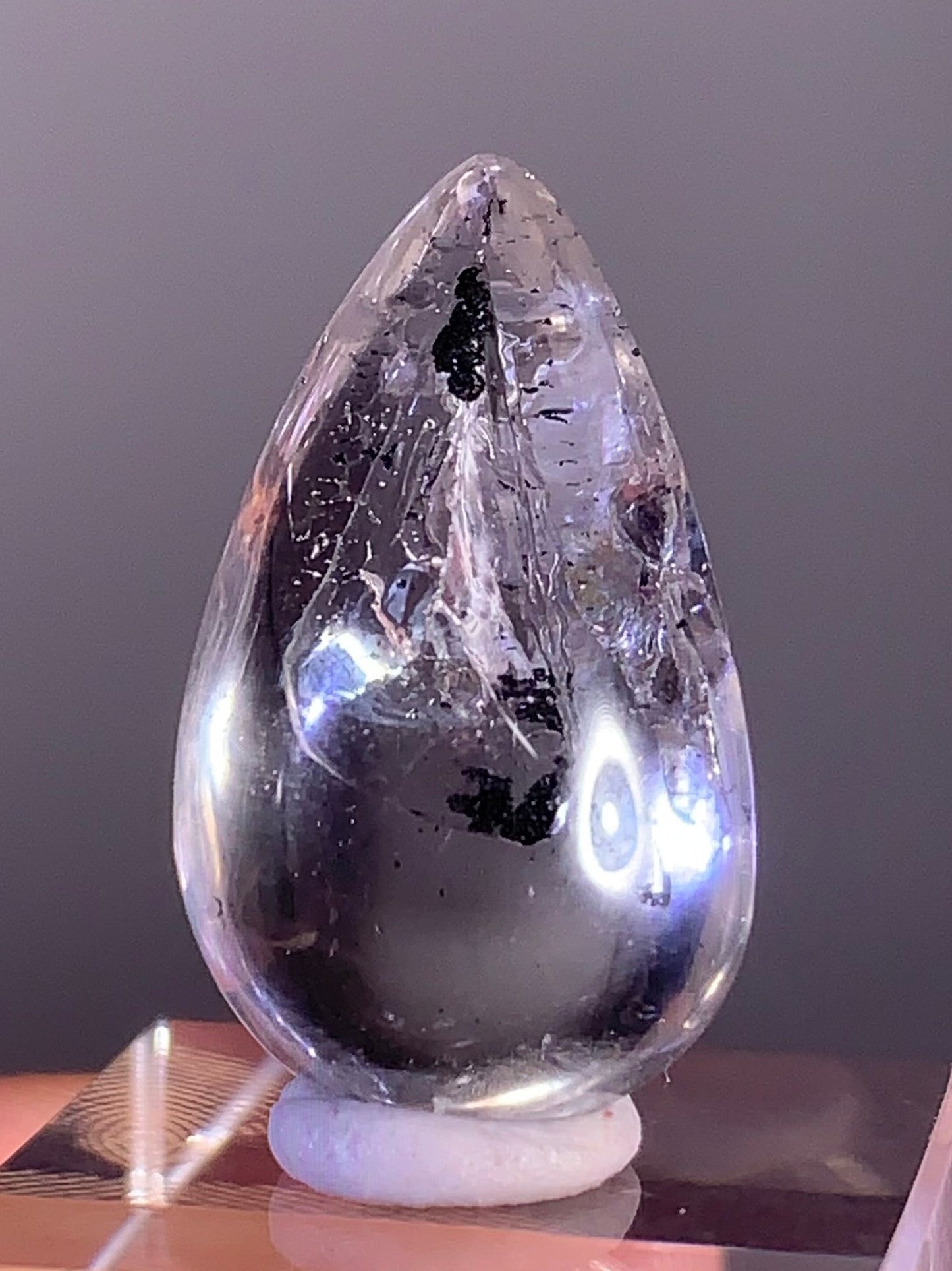 High-Grade Polished Enhydro Quartz Teardrop with Falling Carbon Sand