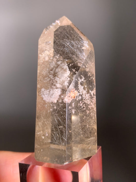 Dreamy Gold and Pink Rutile with Pink Garden Inclusions in Quartz – Polished Tower