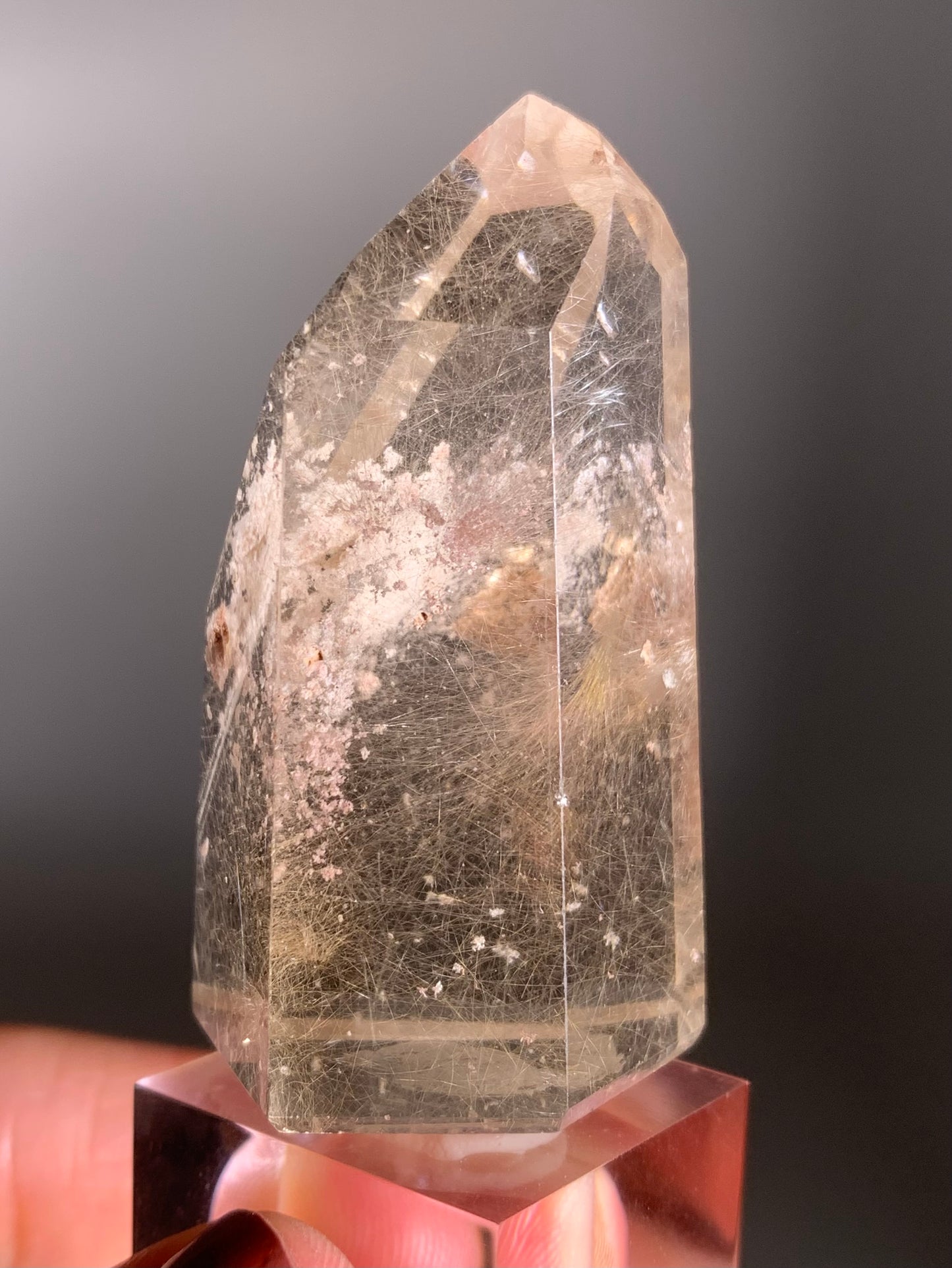 Dreamy Gold and Pink Rutile with Pink Garden Inclusions in Quartz – Polished Tower