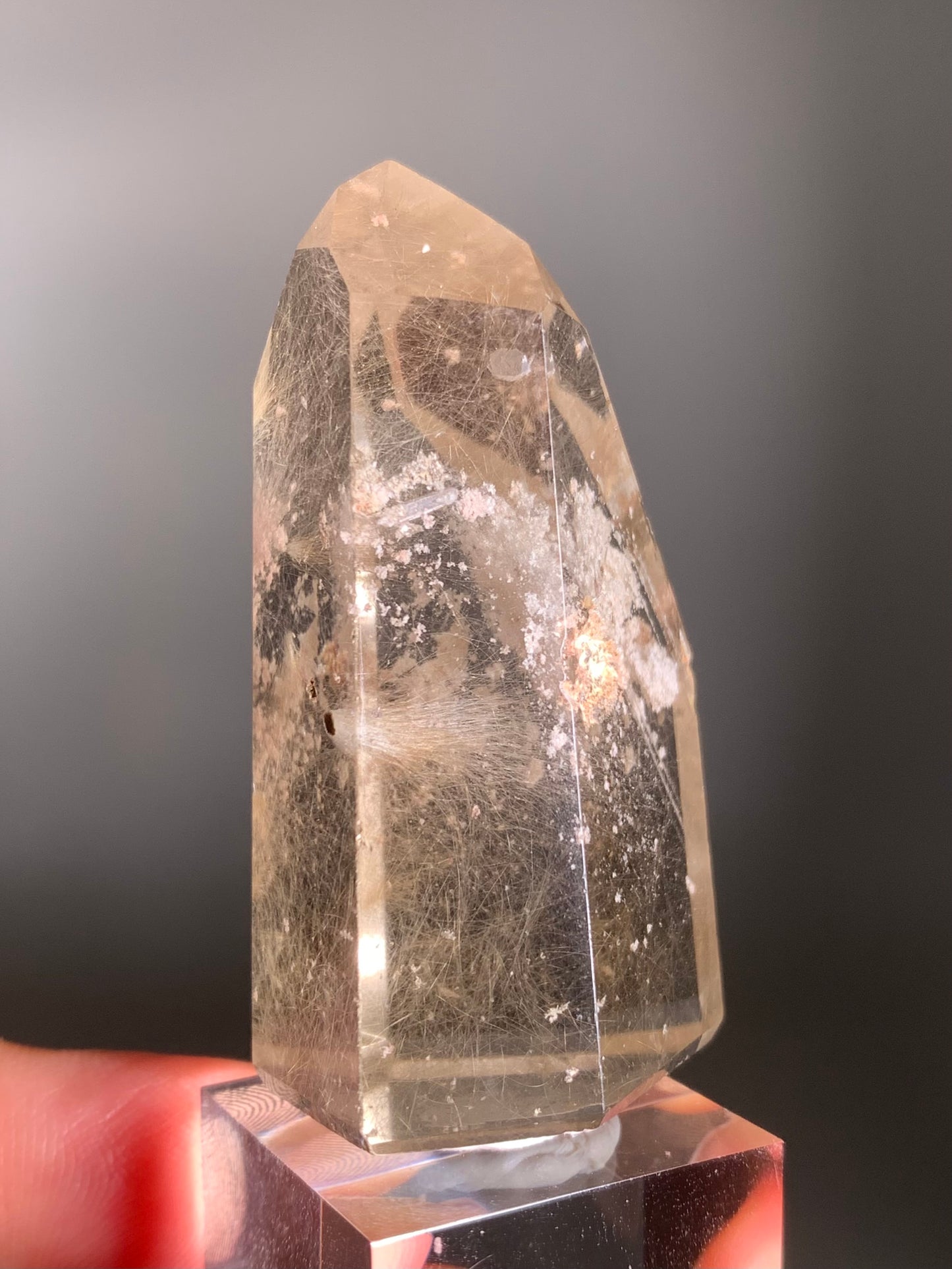 Dreamy Gold and Pink Rutile with Pink Garden Inclusions in Quartz – Polished Tower