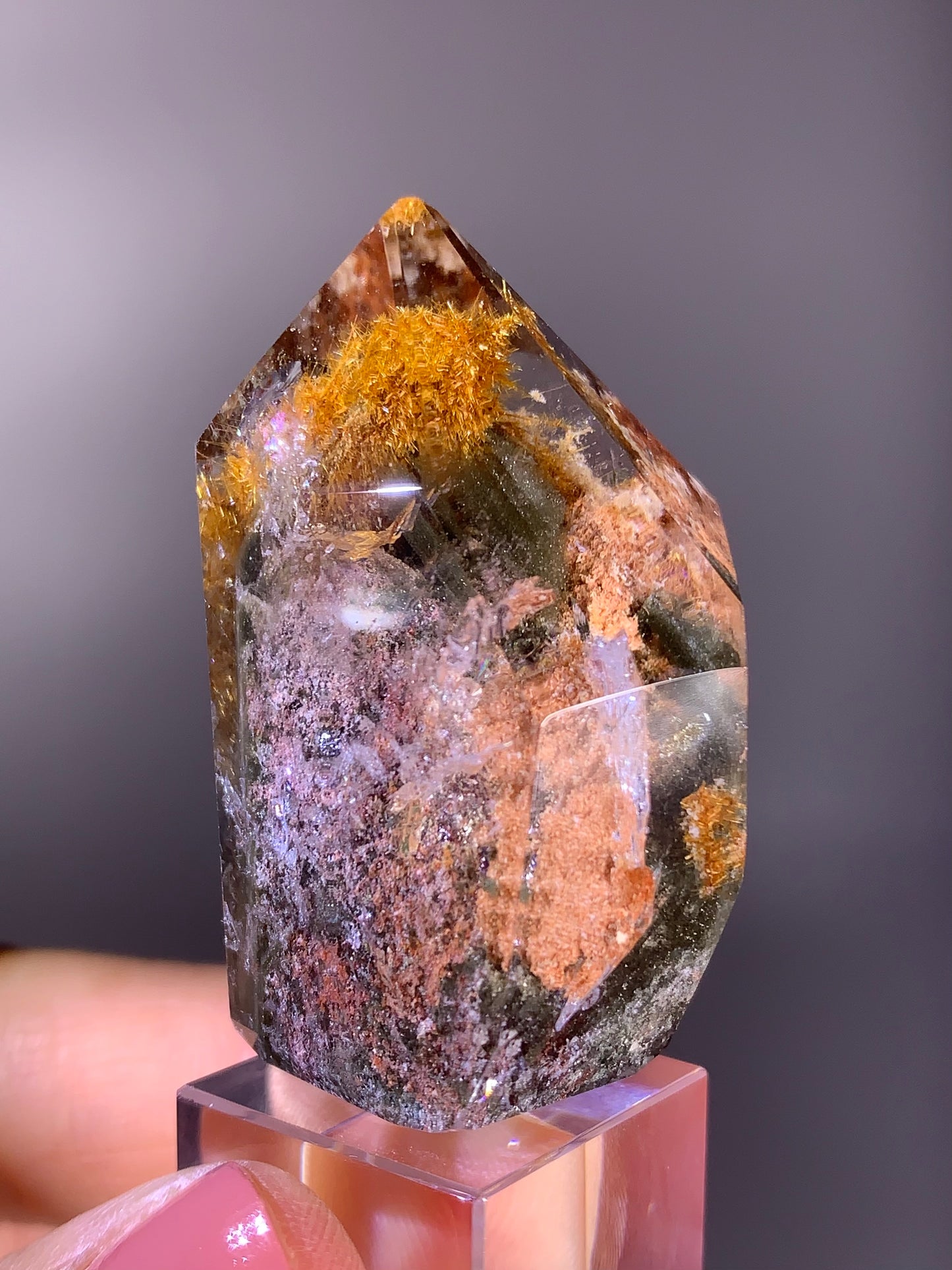 High-Quality Gold Flower Rutile with Green Phantom & Garden Inclusion Polished Tower – Brazilian Quartz