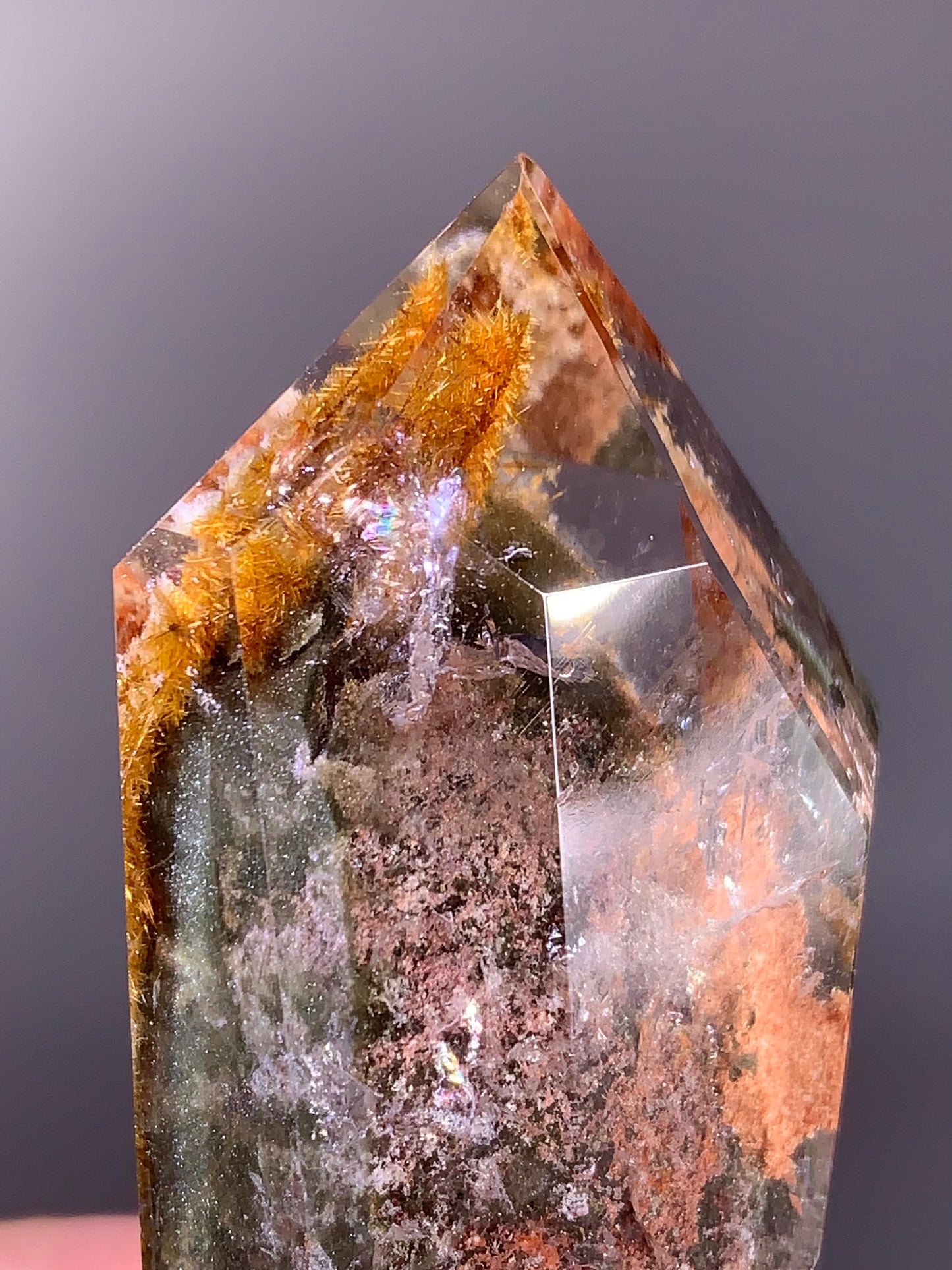 High-Quality Gold Flower Rutile with Green Phantom & Garden Inclusion Polished Tower – Brazilian Quartz