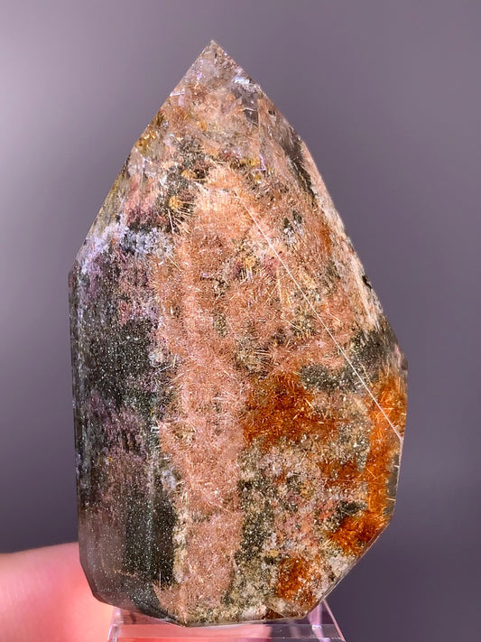 Unique High-Quality Copper & Pink Flower Rutile with Garden Quartz Polished Tower – Brazil