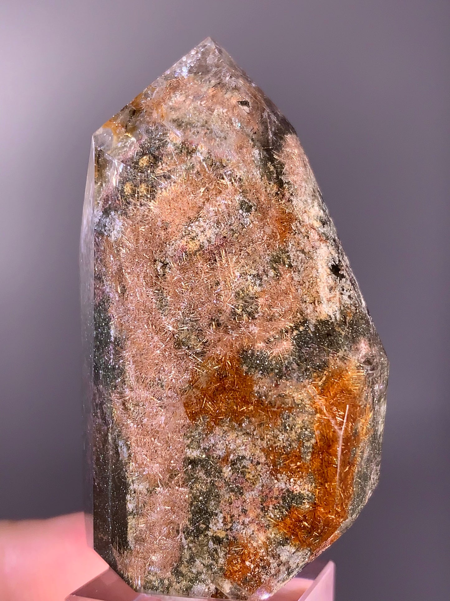 Unique High-Quality Copper & Pink Flower Rutile with Garden Quartz Polished Tower – Brazil