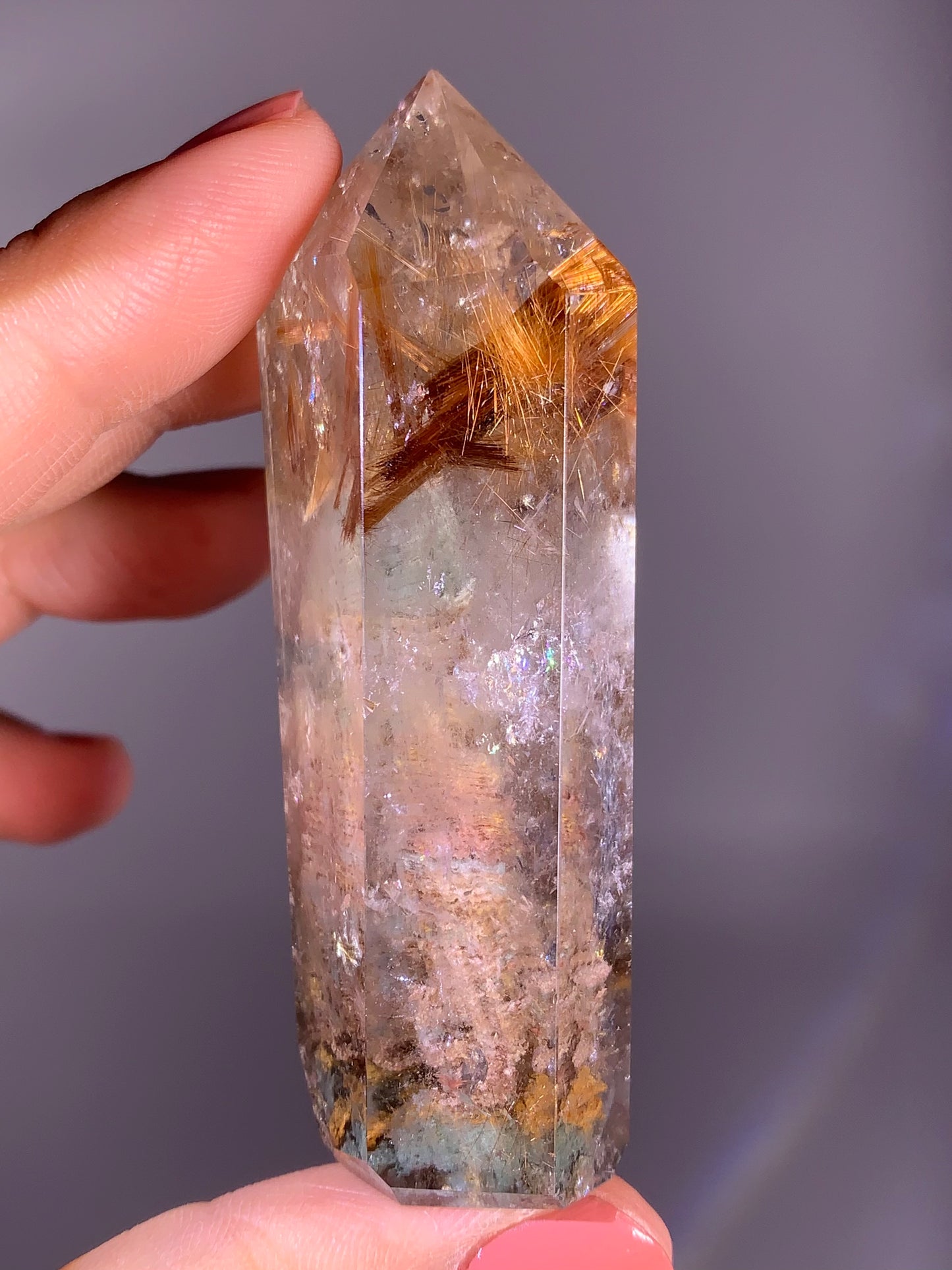 Unique Gold Rutile on Colorful Layered Garden Mountain Quartz Polished Tower – Brazil