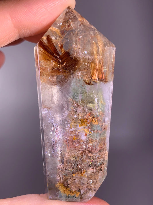 Unique Gold Rutile on Colorful Layered Garden Mountain Quartz Polished Tower – Brazil