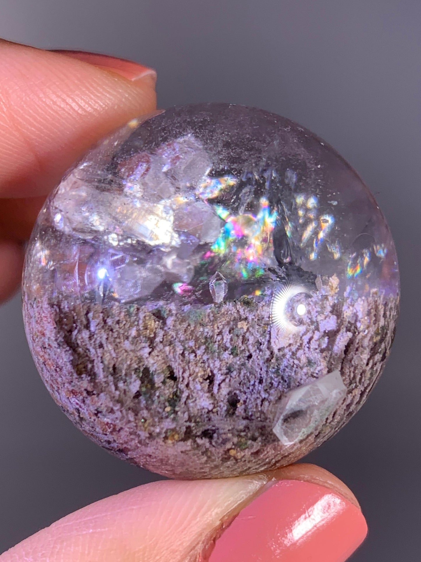 Layered Garden Quartz Sphere with Inner Quartz Cluster & Rainbow from Zambia | Collector Crystal
