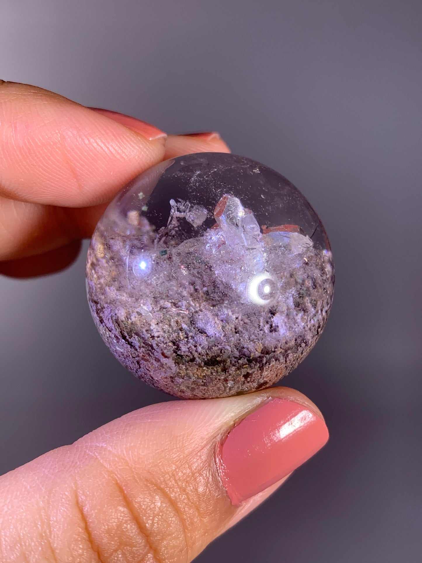 Layered Garden Quartz Sphere with Inner Quartz Cluster & Rainbow from Zambia | Collector Crystal