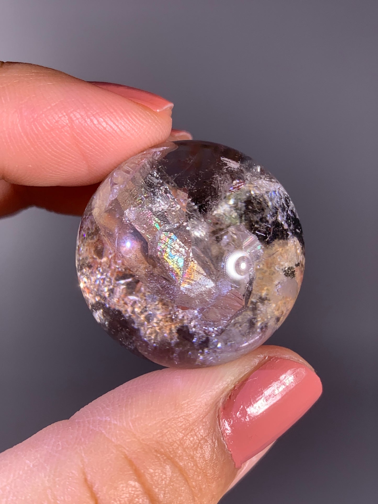 Garden & Amphibole Quartz Sphere with Inner Quartz Cluster & Rainbow from Zambia | Collector Crystal
