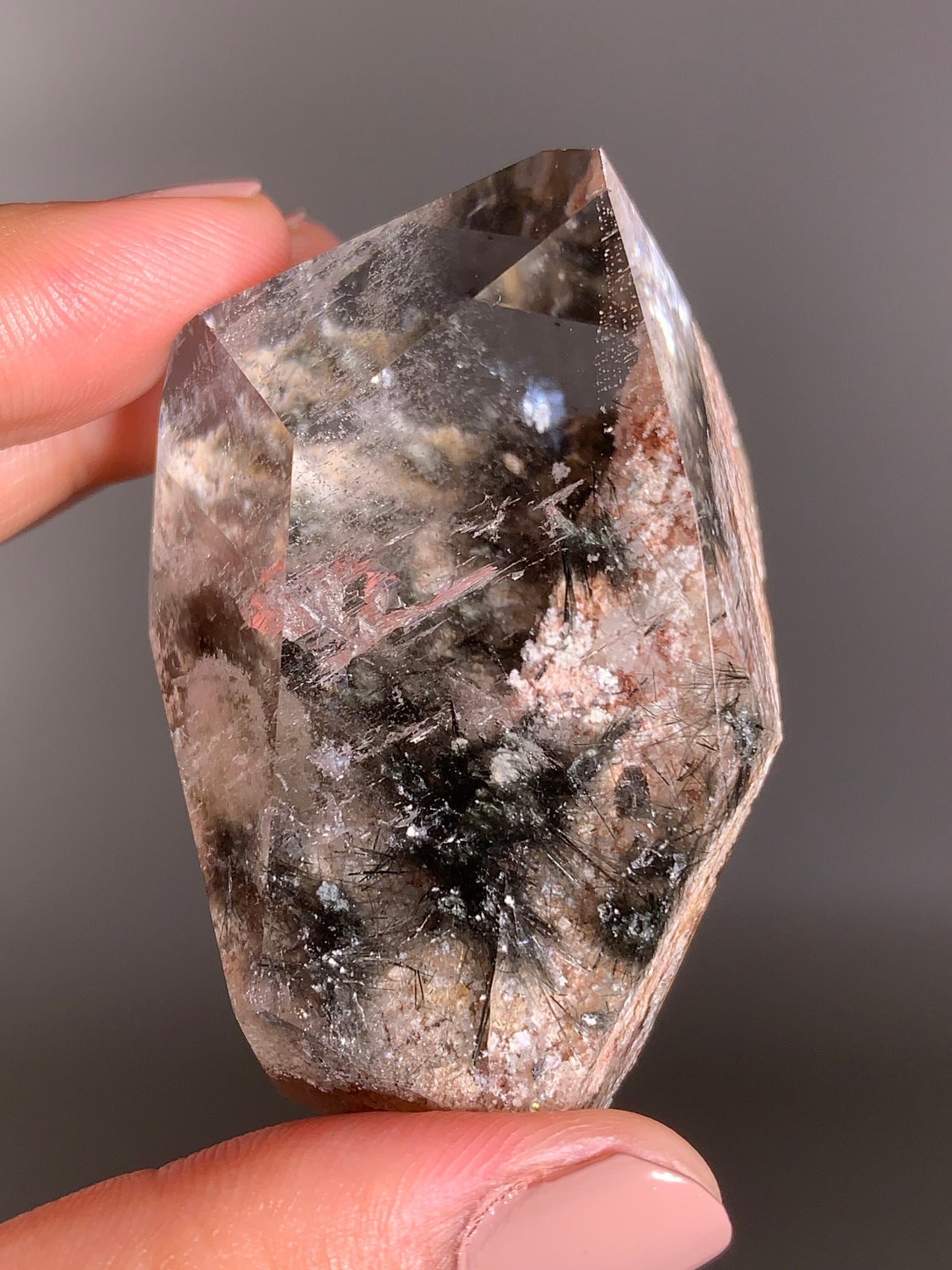 Rare Pink Garden Quartz with Black Rutile and Rainbow – Polished Freeform, Brazil