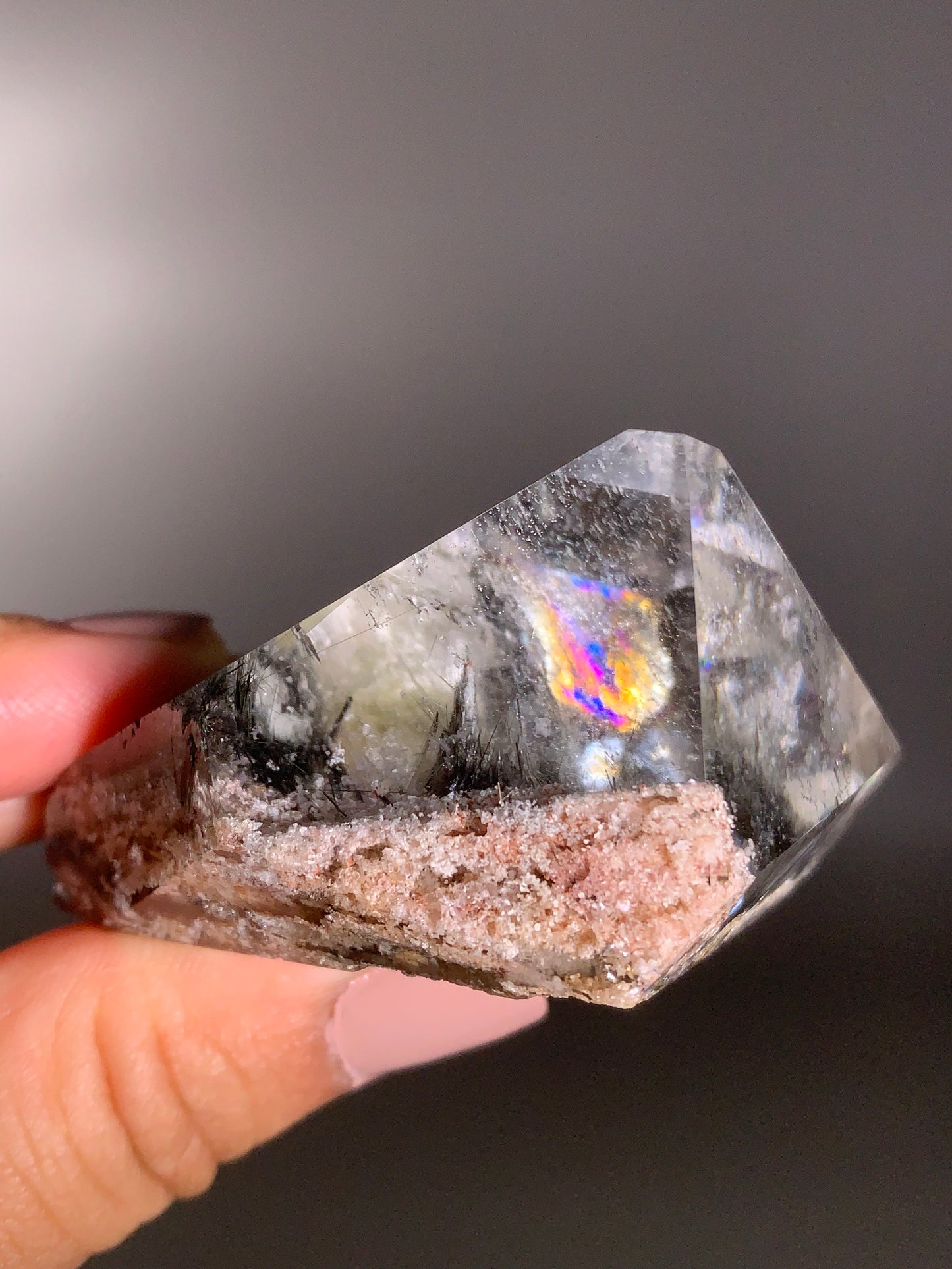 Rare Pink Garden Quartz with Black Rutile and Rainbow – Polished Freeform, Brazil