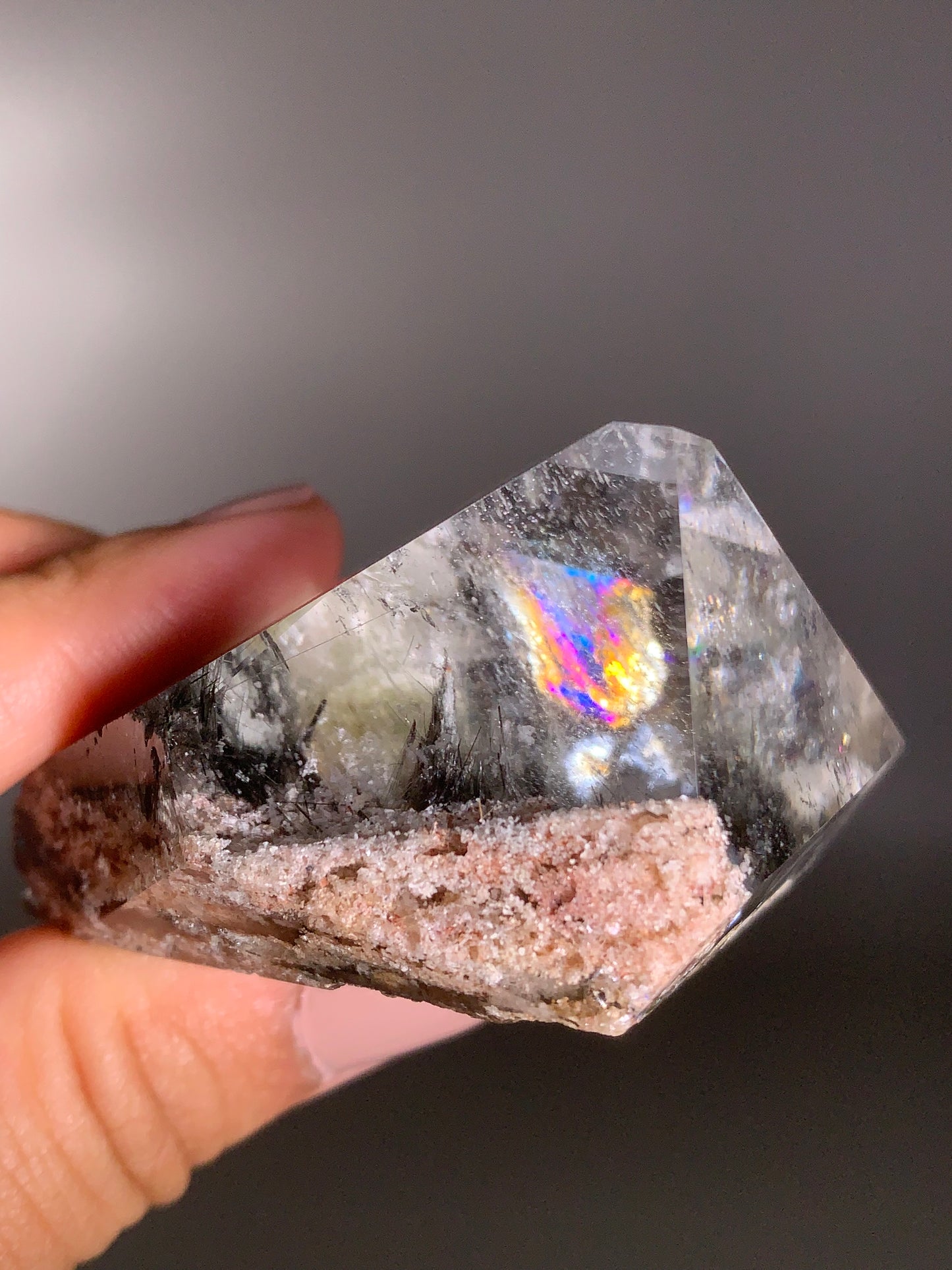 Rare Pink Garden Quartz with Black Rutile and Rainbow – Polished Freeform, Brazil