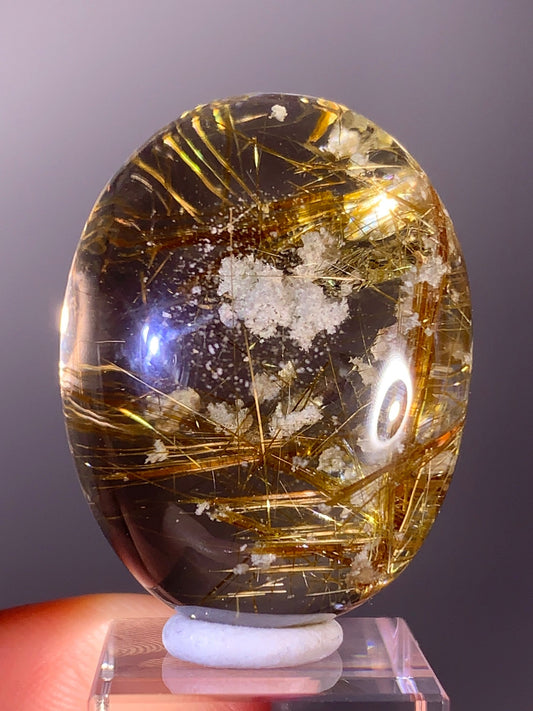 High-Grade Gold Rutile Quartz with White Garden & Natural Rainbow Polished Crystal from Brazil