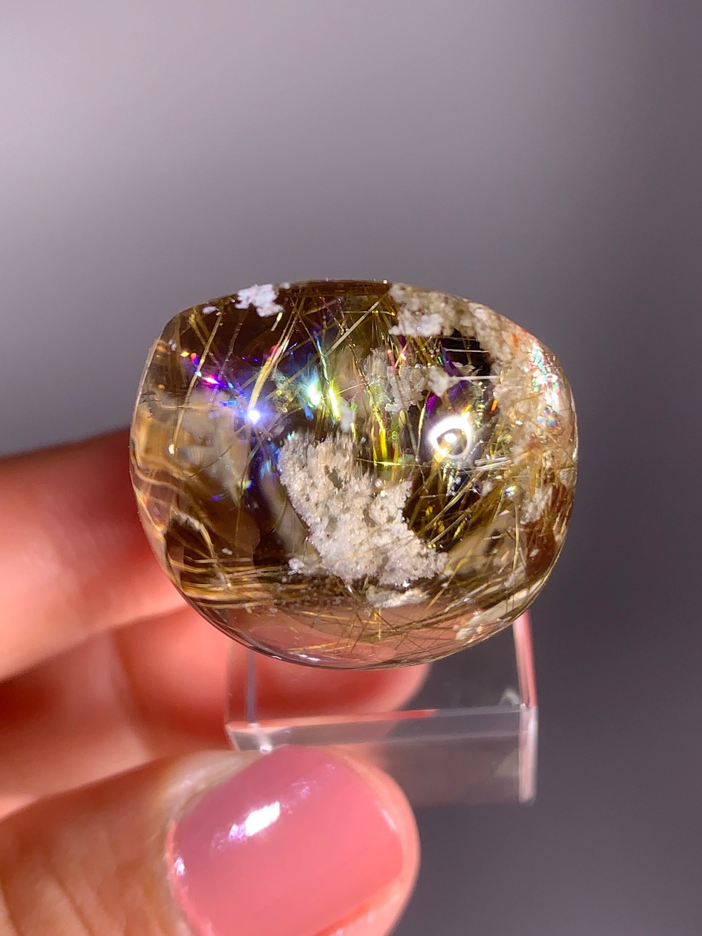 High-Grade Gold Rutile Quartz with White Garden & Natural Rainbow Polished Crystal from Brazil
