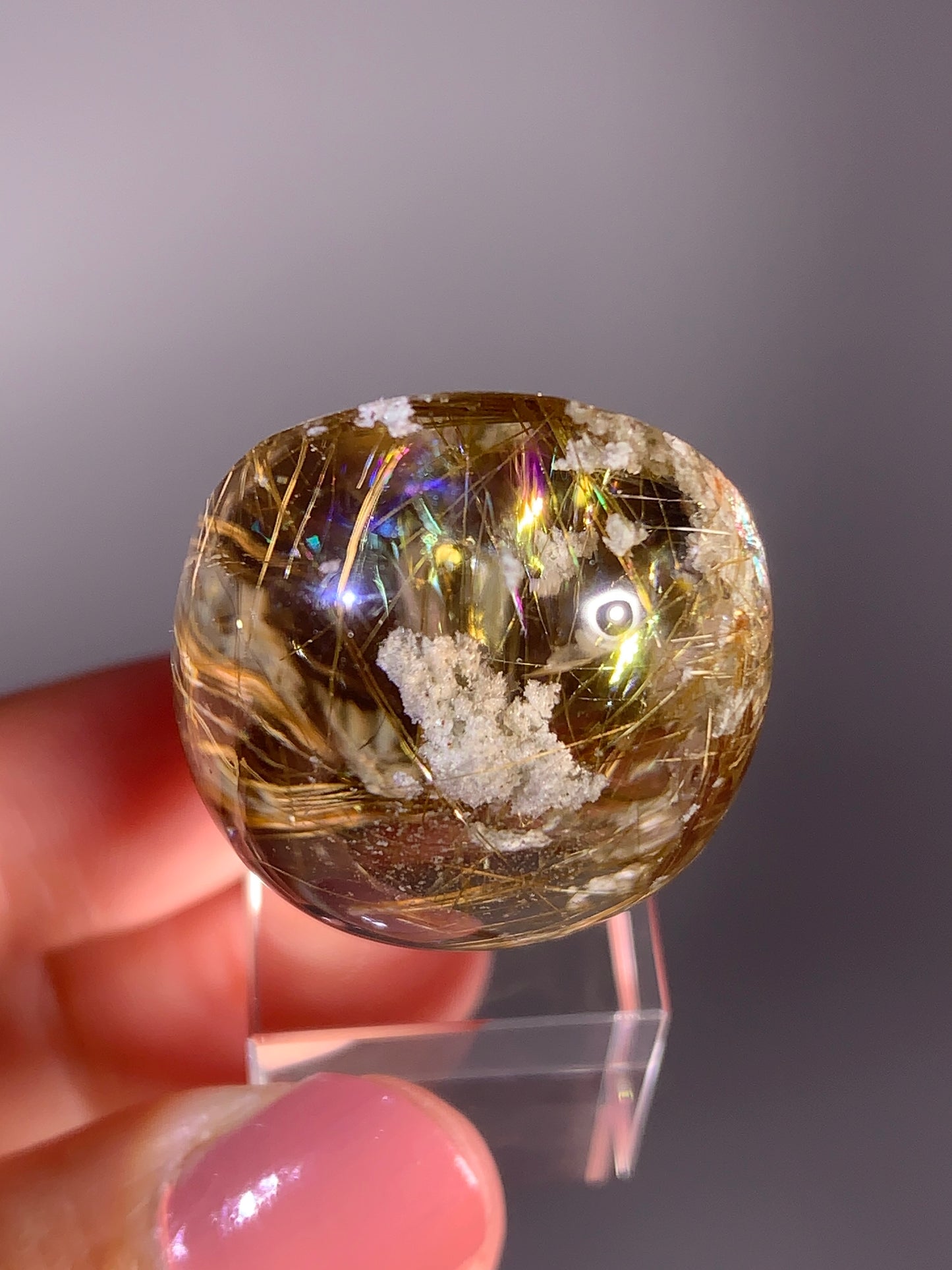 High-Grade Gold Rutile Quartz with White Garden & Natural Rainbow Polished Crystal from Brazil