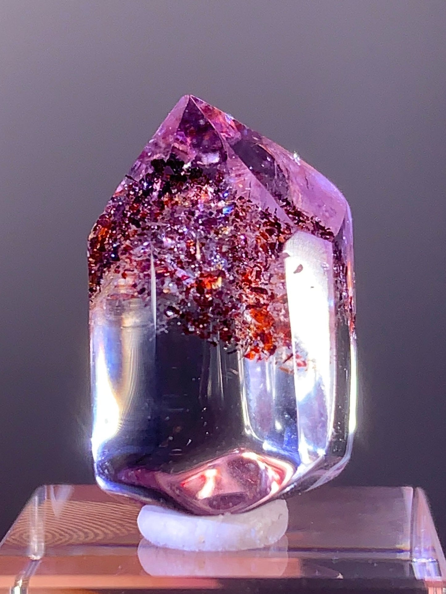 High-Grade Harlequin Quartz on Amethyst Quartz Polished Tower from Madagascar