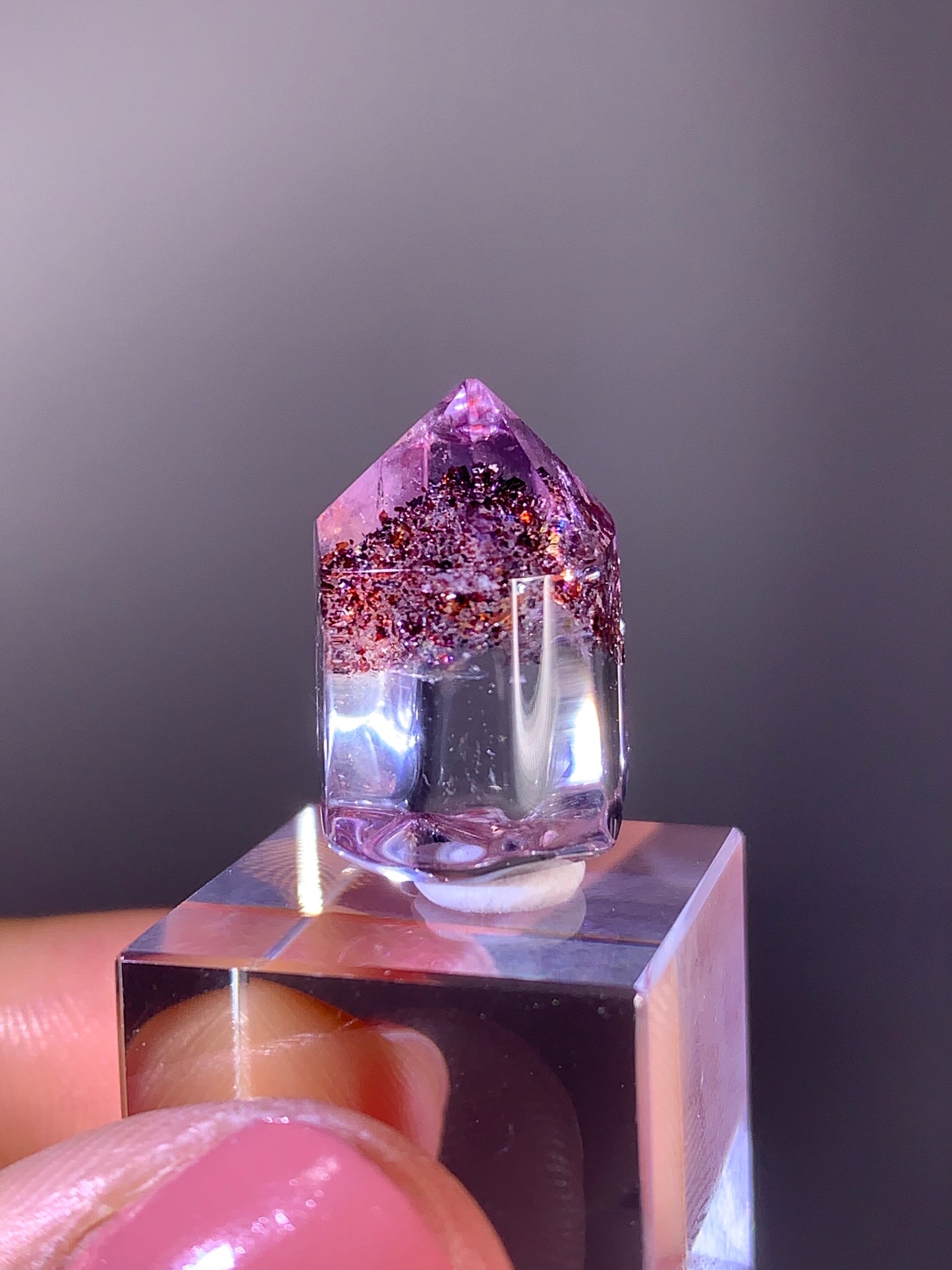 High-Grade Harlequin Quartz on Amethyst Quartz Polished Tower from Madagascar