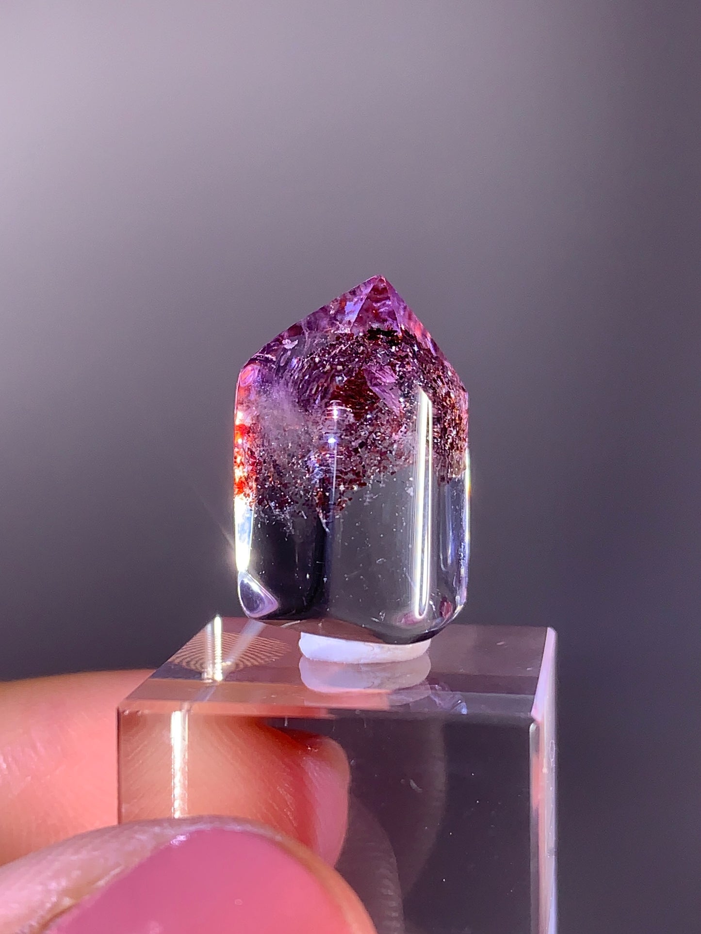 High-Grade Harlequin Quartz on Amethyst Quartz Polished Tower from Madagascar
