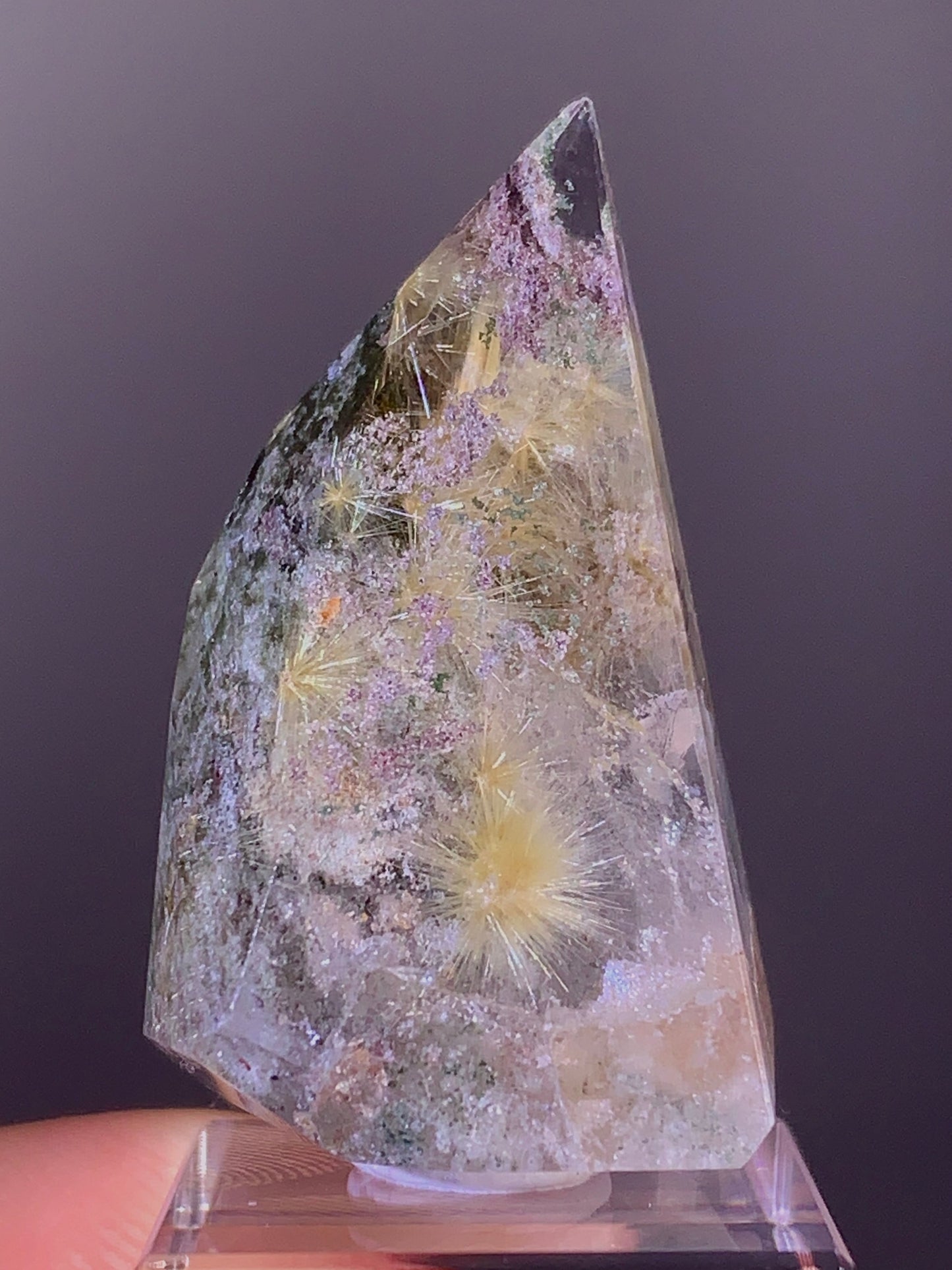 Gold Flower Rutile Quartz with Green & Purple Garden Inclusions Polished Freeform from Brazil