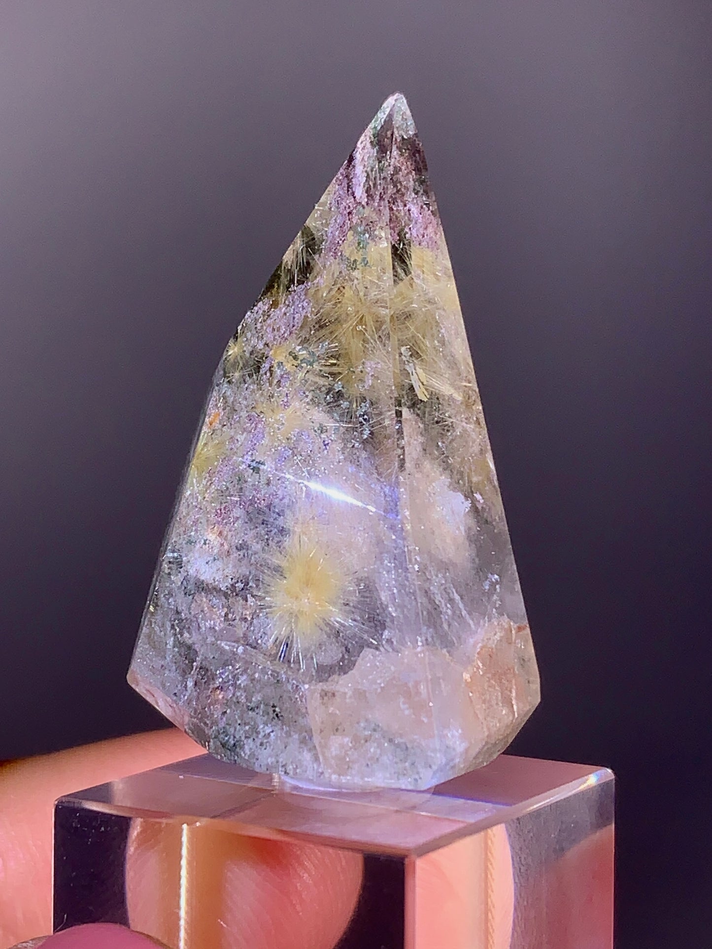 Gold Flower Rutile Quartz with Green & Purple Garden Inclusions Polished Freeform from Brazil