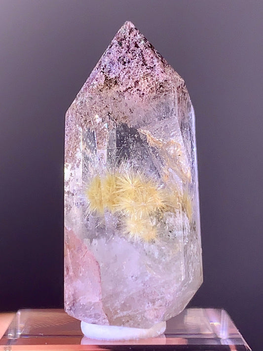 Gold Flower Rutile Quartz with Green & Purple Garden Inclusions Polished Tower from Brazil