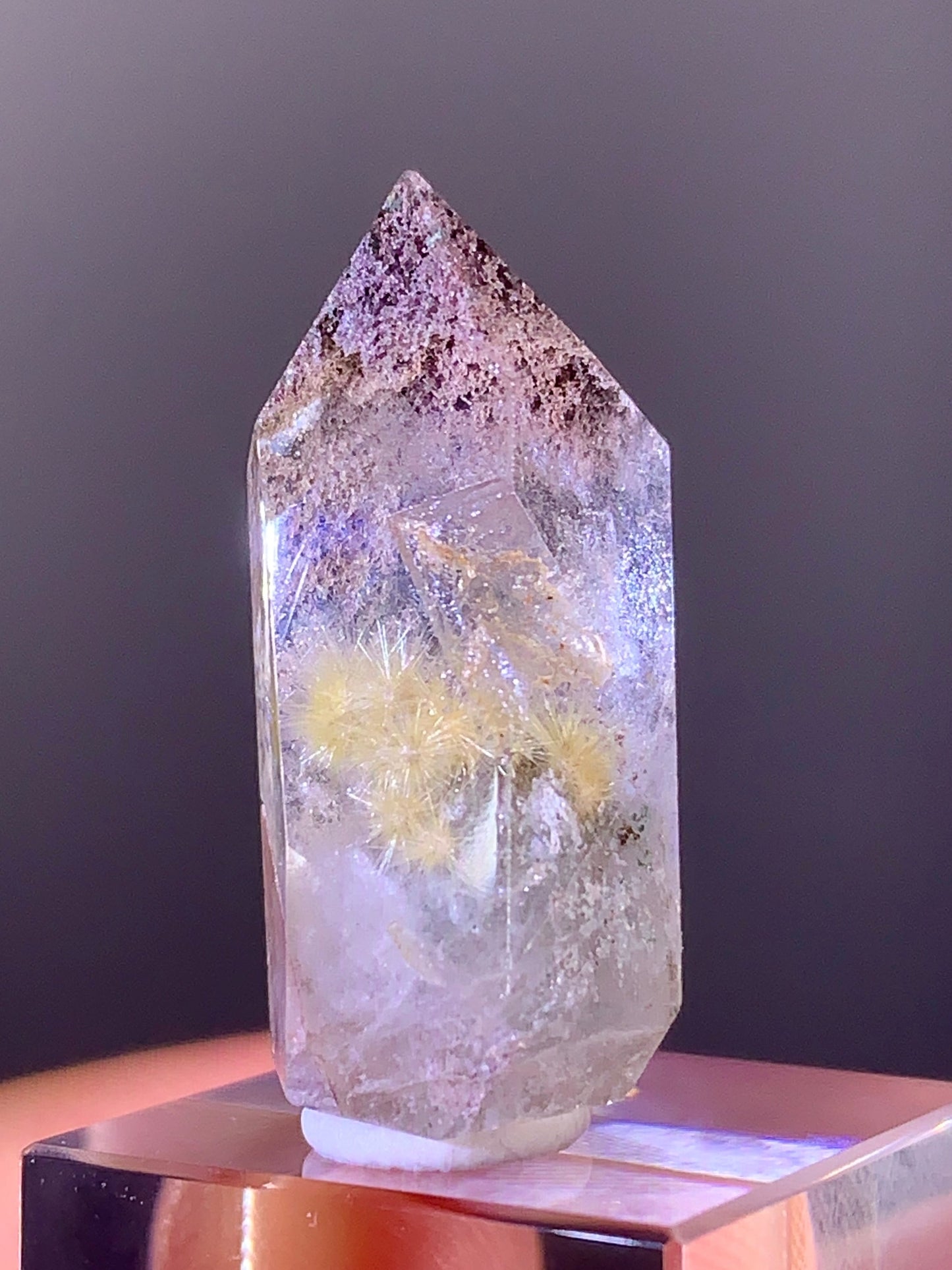 Gold Flower Rutile Quartz with Green & Purple Garden Inclusions Polished Tower from Brazil