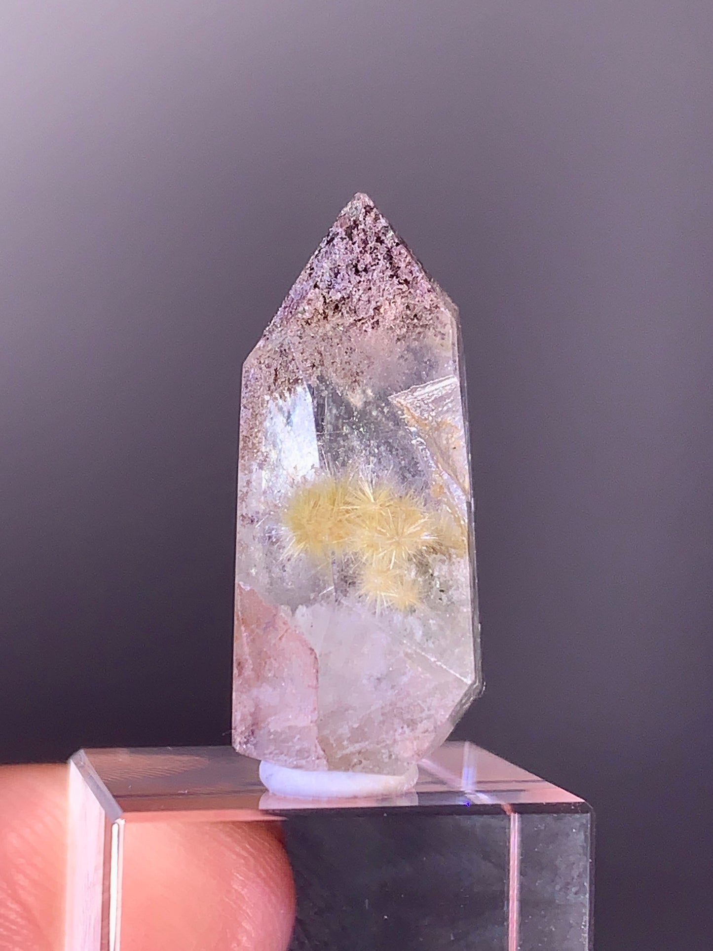 Gold Flower Rutile Quartz with Green & Purple Garden Inclusions Polished Tower from Brazil