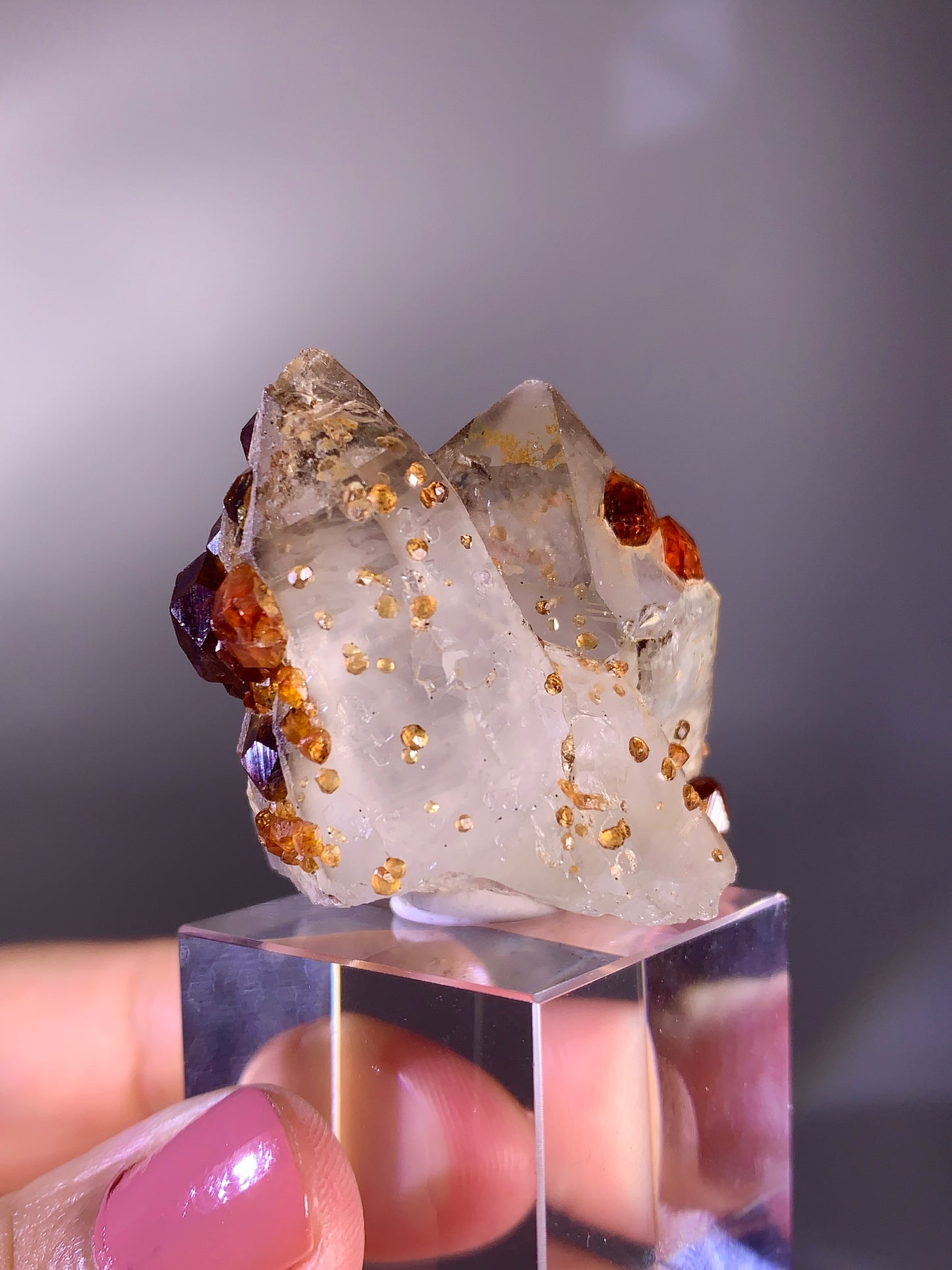 High-Quality Spessartine Garnet on Smoky Quartz Mineral Specimen