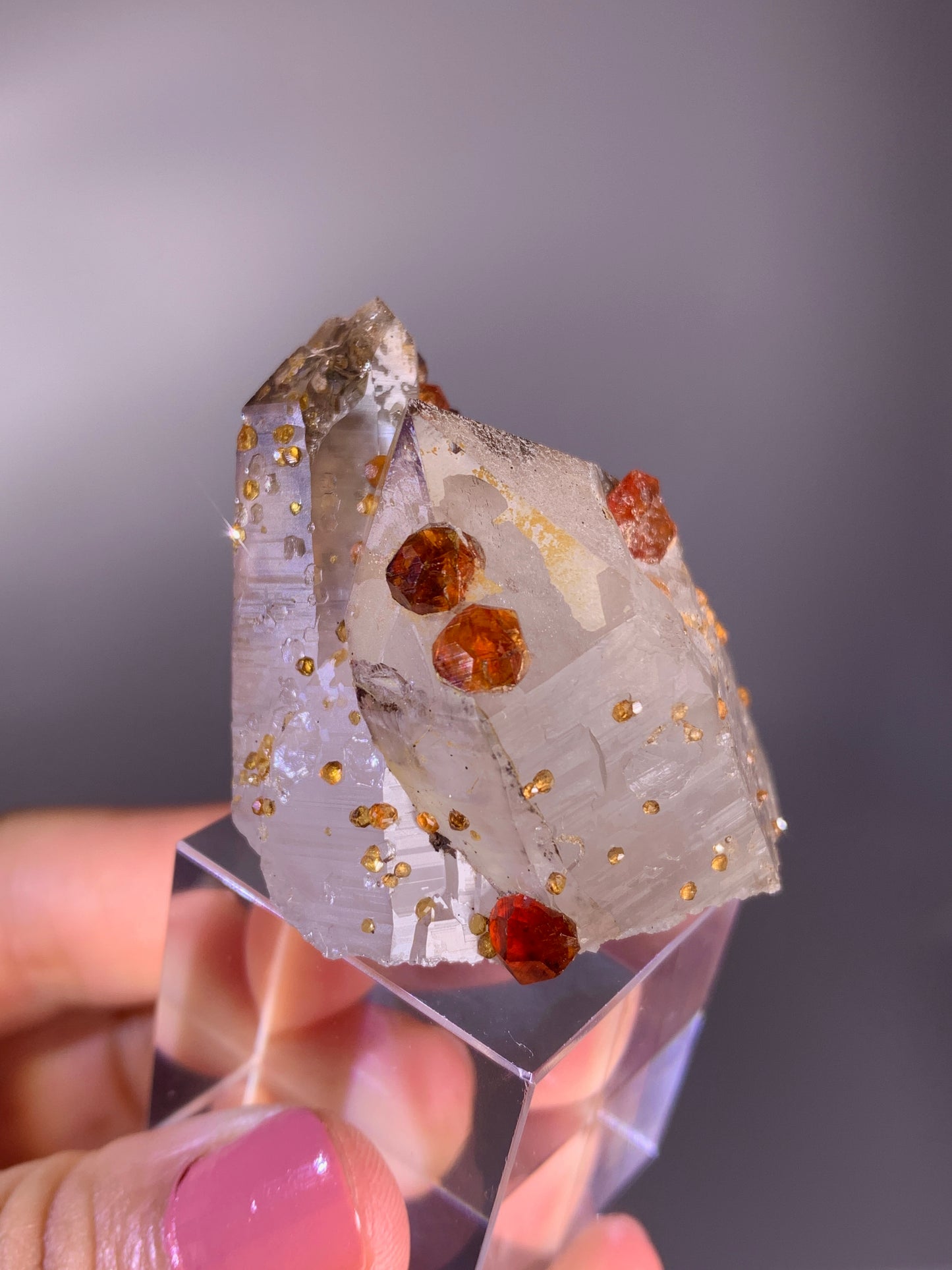 High-Quality Spessartine Garnet on Smoky Quartz Mineral Specimen