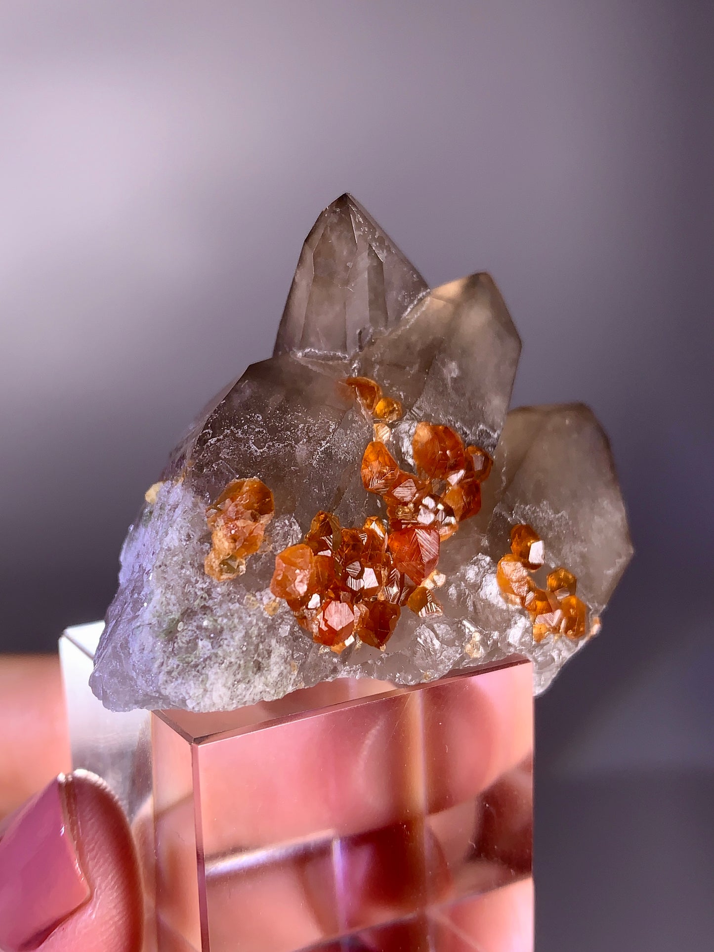 High-Quality Spessartine Garnet on Smoky Quartz Mineral Specimen