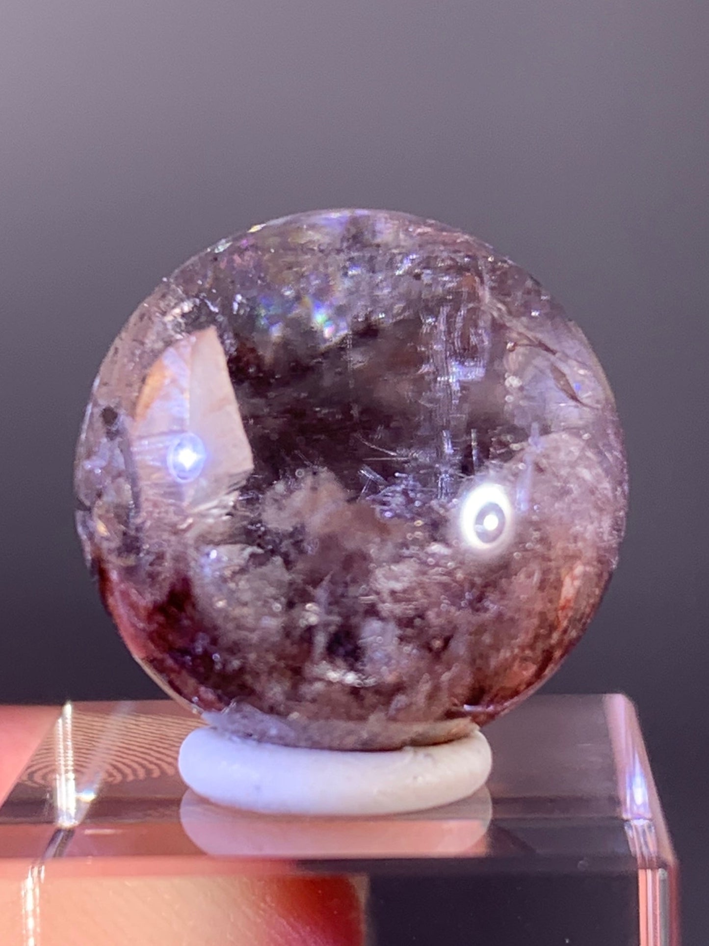 Pink Amphibole with Quartz in quartz sphere from Brazil