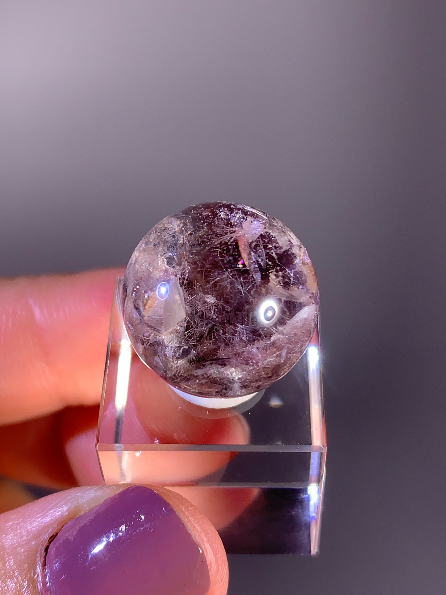 Pink Amphibole with Quartz in quartz sphere from Brazil
