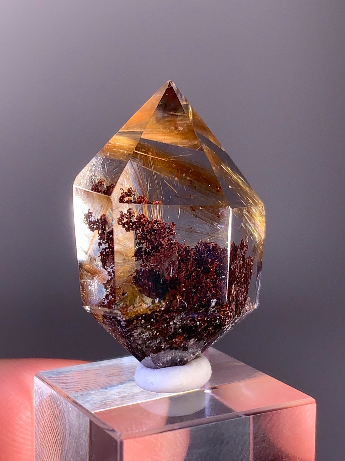 High-Quality Gold Rutile with Red Garden Quartz Polished Double Terminated Point from Brazil