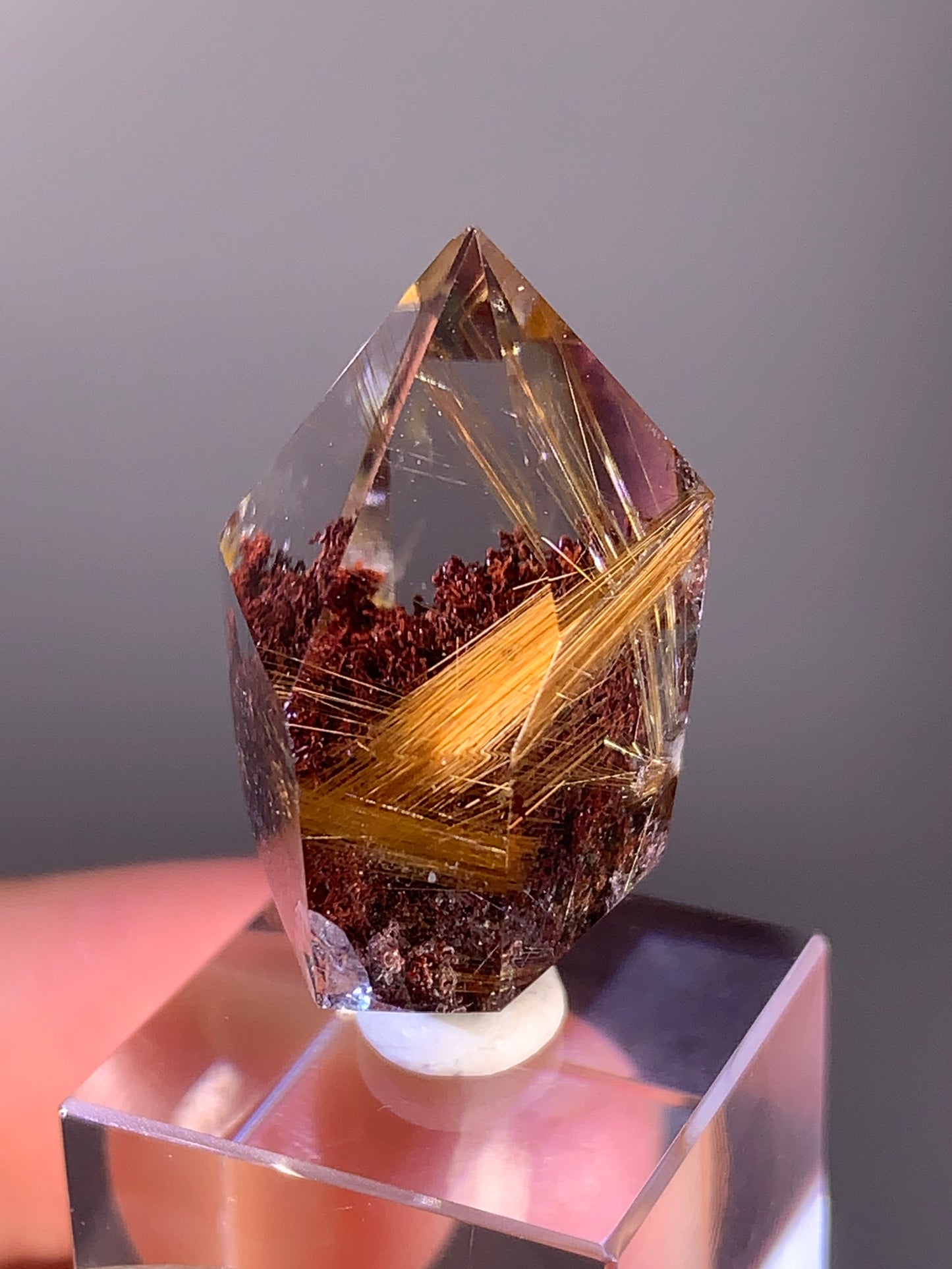 High-Quality Gold Rutile with Red Garden Quartz Polished Double Terminated Point from Brazil