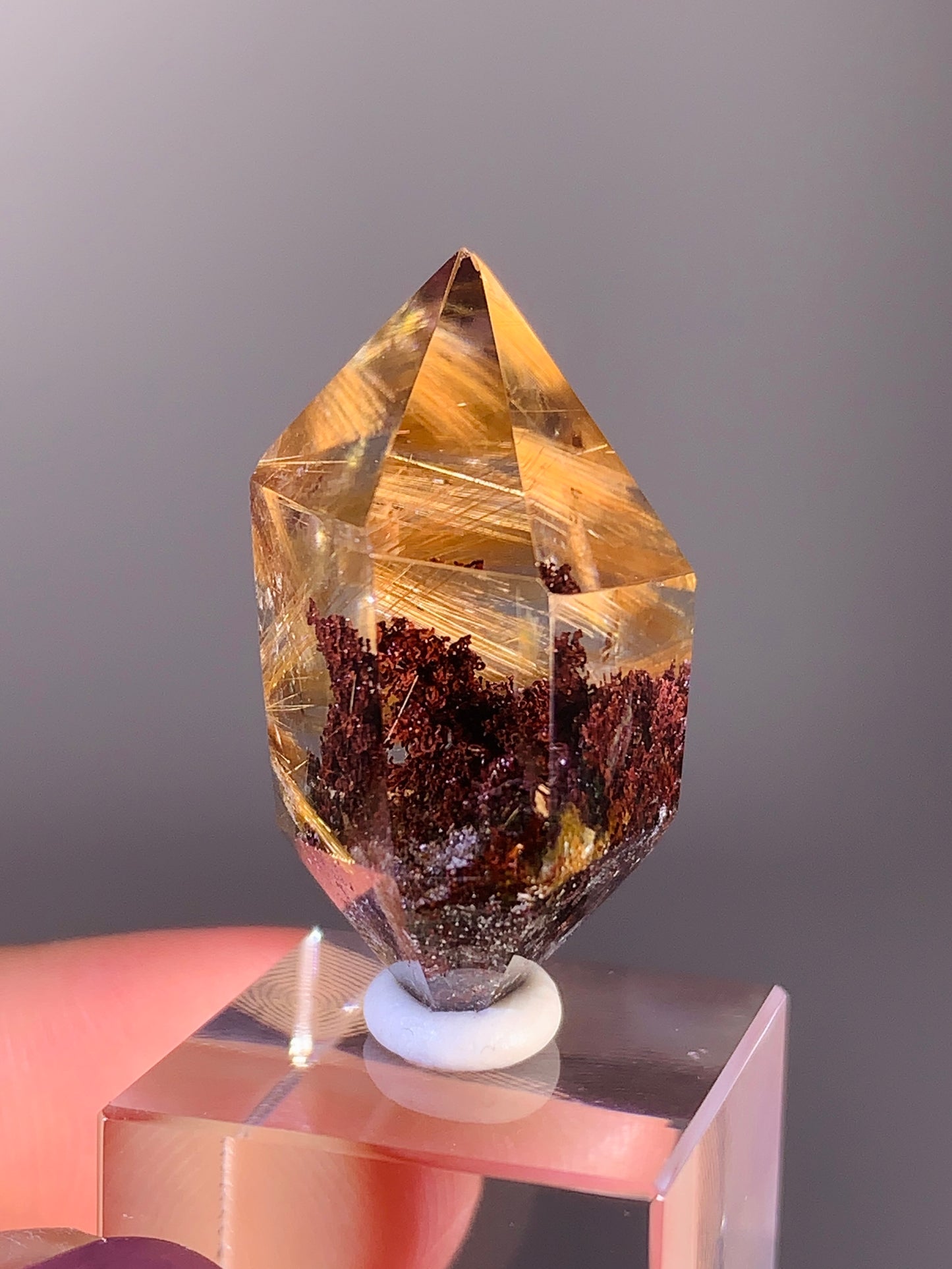 High-Quality Gold Rutile with Red Garden Quartz Polished Double Terminated Point from Brazil
