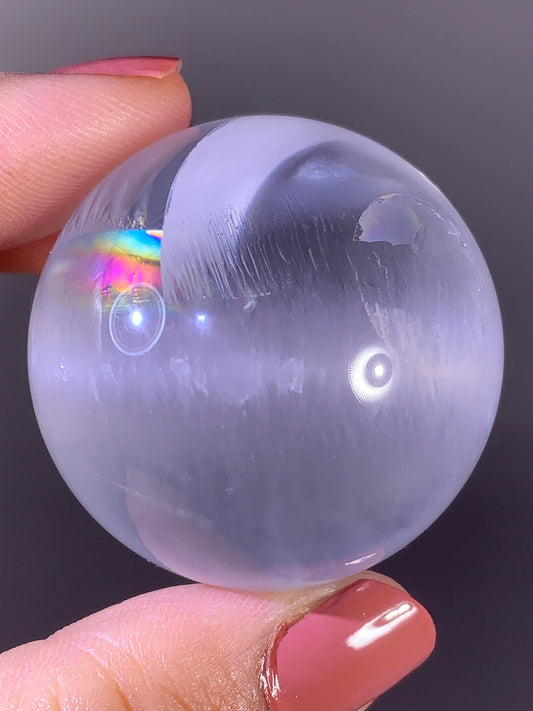 High-Quality White Amphibole Quartz Sphere with Natural Rainbow from Brazil