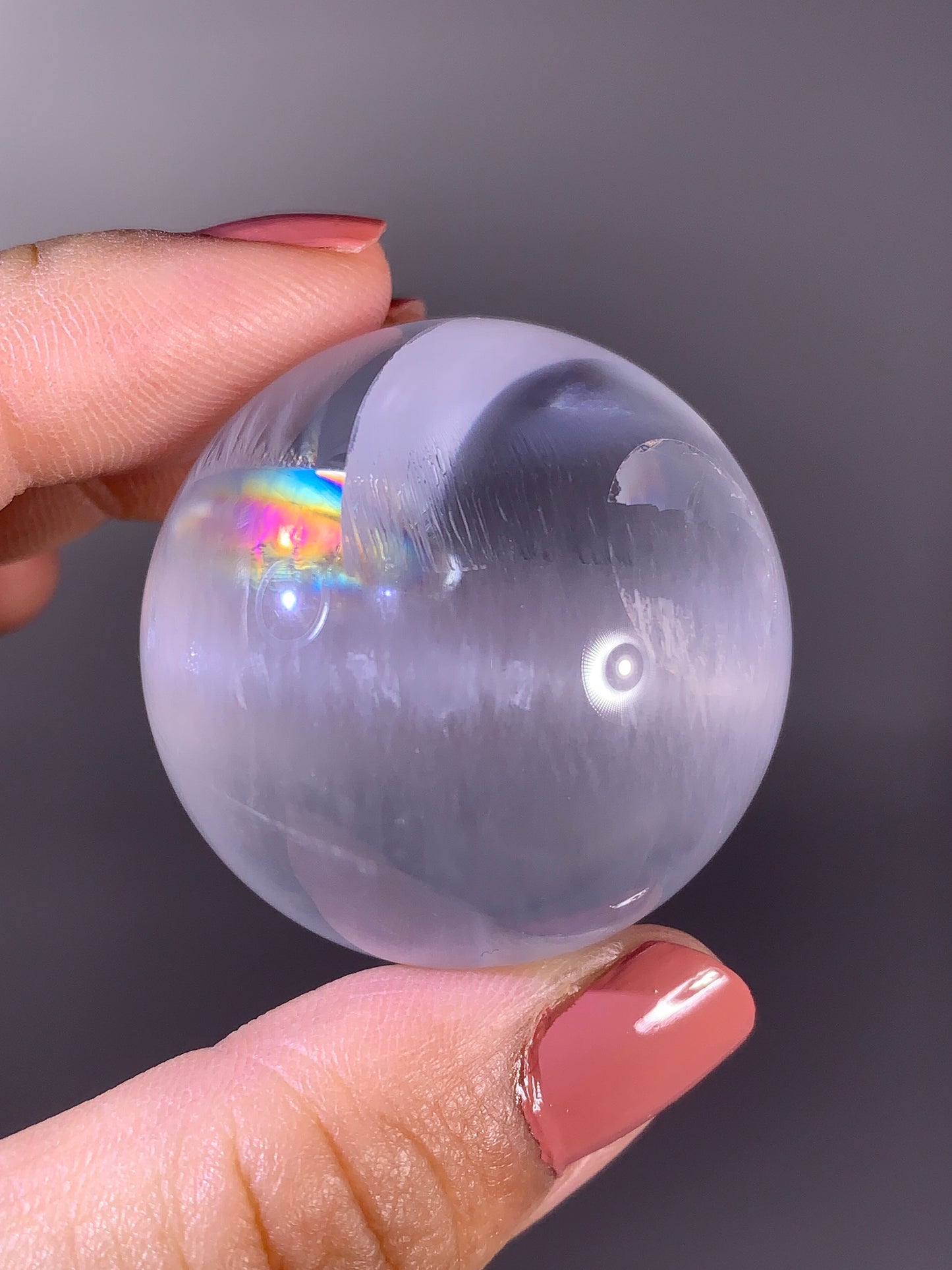 High-Quality White Amphibole Quartz Sphere with Natural Rainbow from Brazil